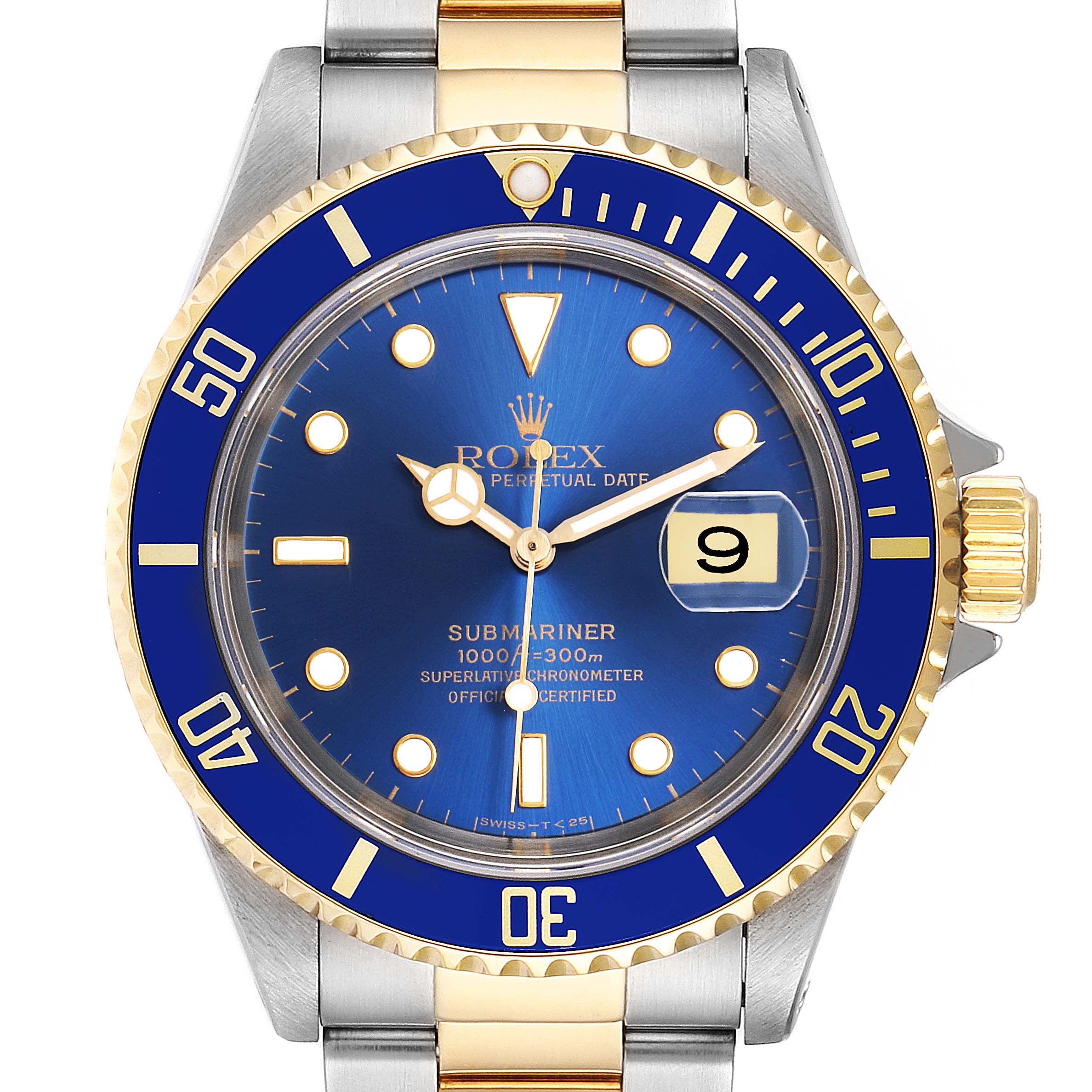 The image shows a frontal view of a Rolex Submariner 16613 Men
s Stainless Steel Blue Dial 16613 Men
s Stainless Steel Blue Dial watch, highlighting its face, bezel, crown, and part of the bracelet.