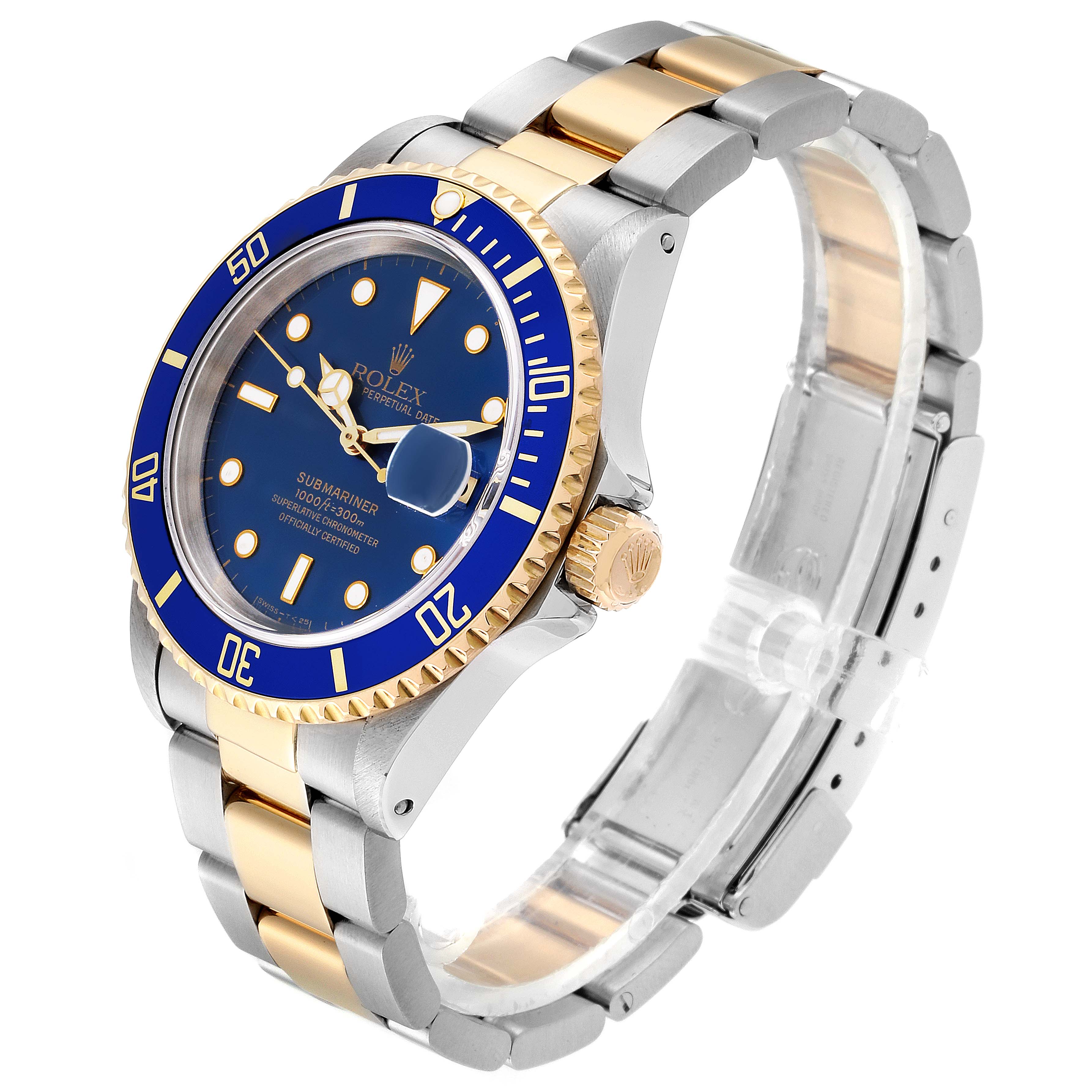 This image shows a side and partial front view of a Rolex Submariner 16613 Men
s Stainless Steel Blue Dial 16613 Men
s Stainless Steel Blue Dial watch, highlighting its bezel, crown, bracelet, and dial.
