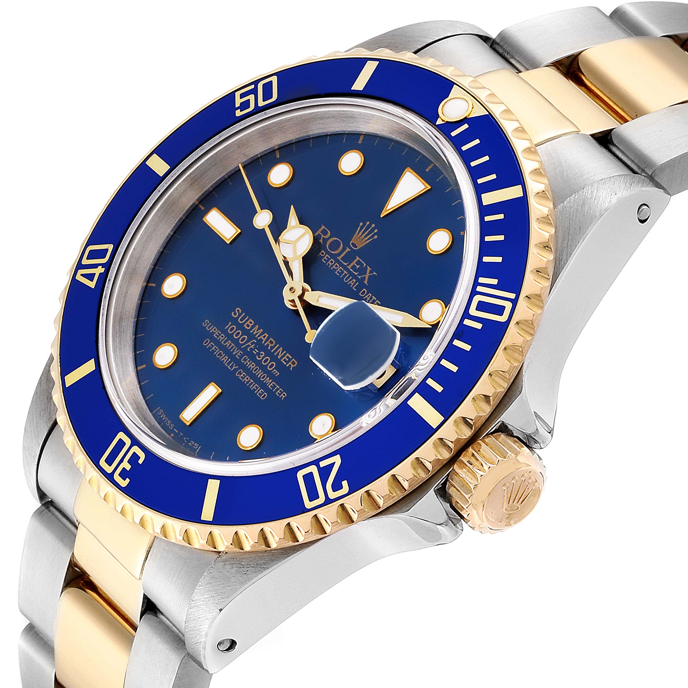 The image shows a Rolex Submariner 16613 Men
s Stainless Steel Blue Dial 16613 Men
s Stainless Steel Blue Dial watch from a right-side angle, highlighting the blue dial, bezel, and two-tone bracelet.