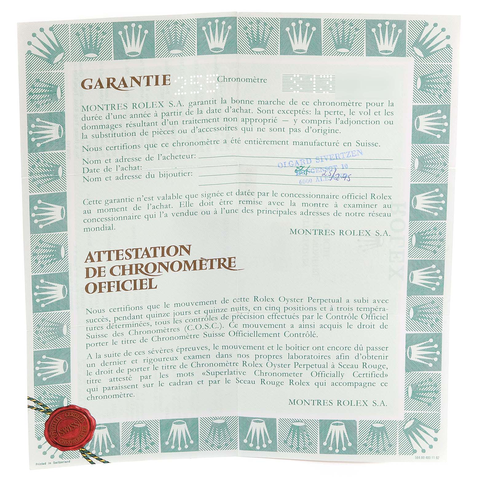 This is a warranty certificate for a Rolex Submariner 16613 Men
s Stainless Steel Blue Dial 16613 Men
s Stainless Steel Blue Dial watch, detailing its official chronometer certification.