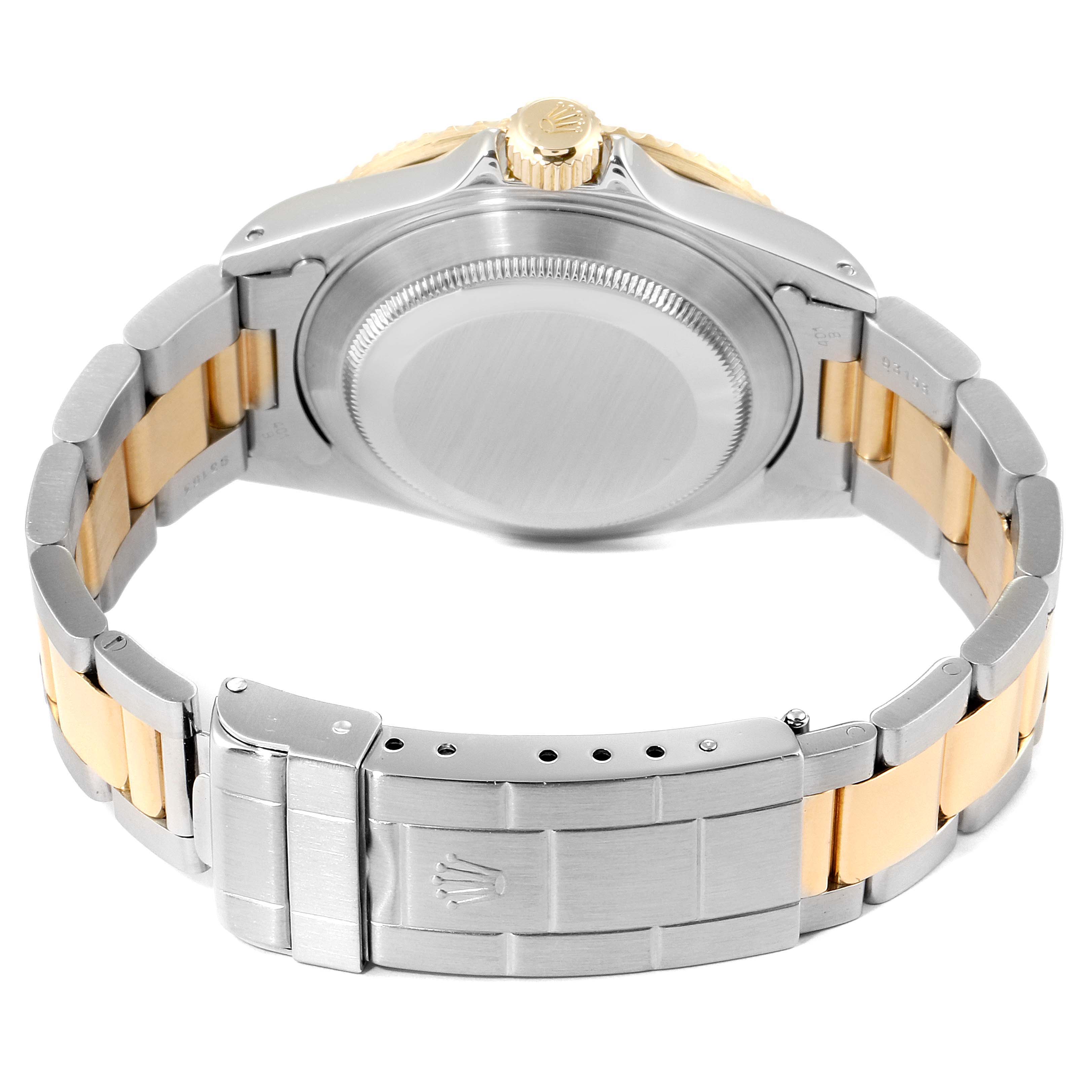 This image shows the back and bracelet of a Rolex Submariner 16613 Men
s Stainless Steel Blue Dial 16613 Men
s Stainless Steel Blue Dial watch, highlighting its clasp and case back.