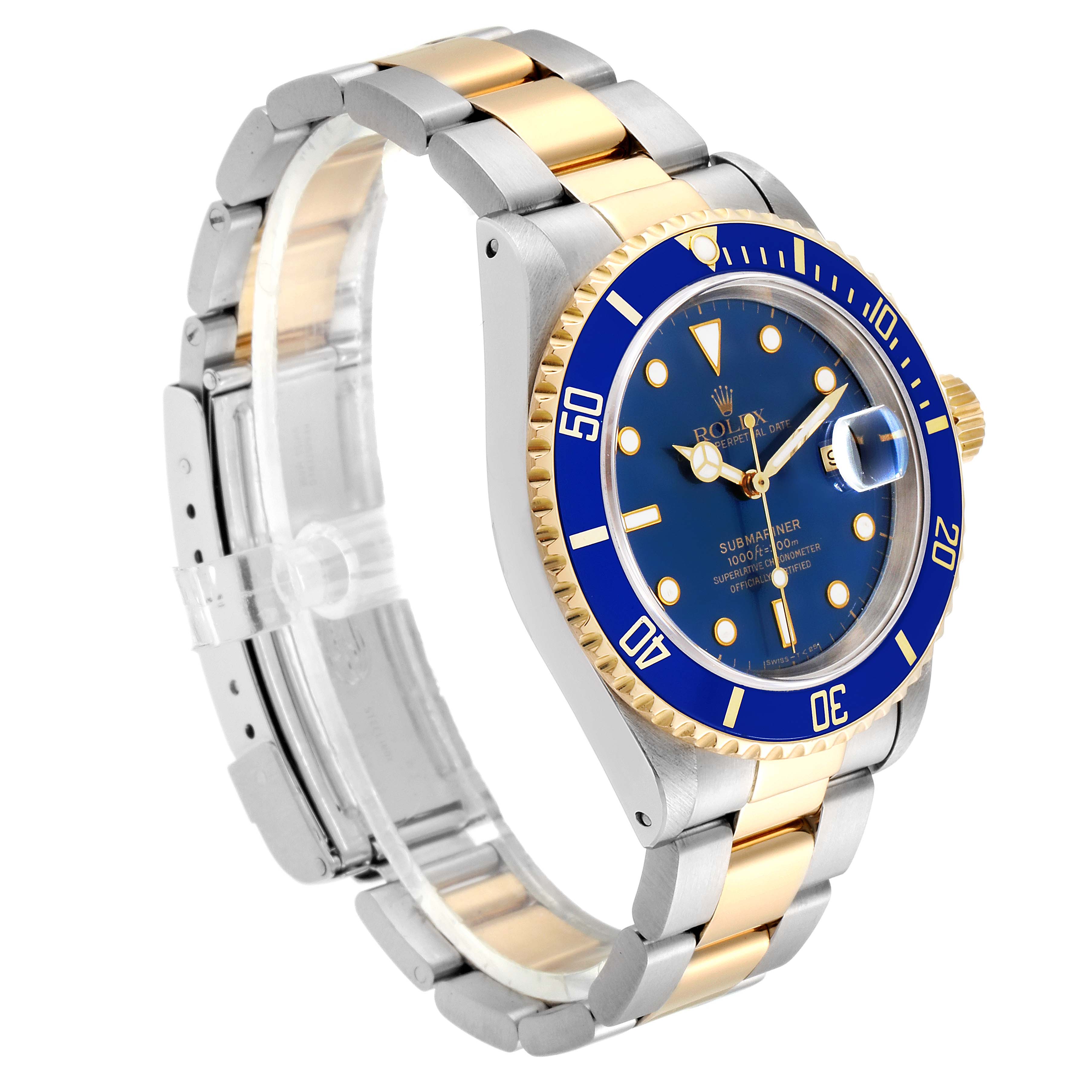 The image shows a side angle of a Rolex Submariner 16613 Men
s Stainless Steel Blue Dial 16613 Men
s Stainless Steel Blue Dial, highlighting the bezel, blue dial, gold accents, and two-tone bracelet.