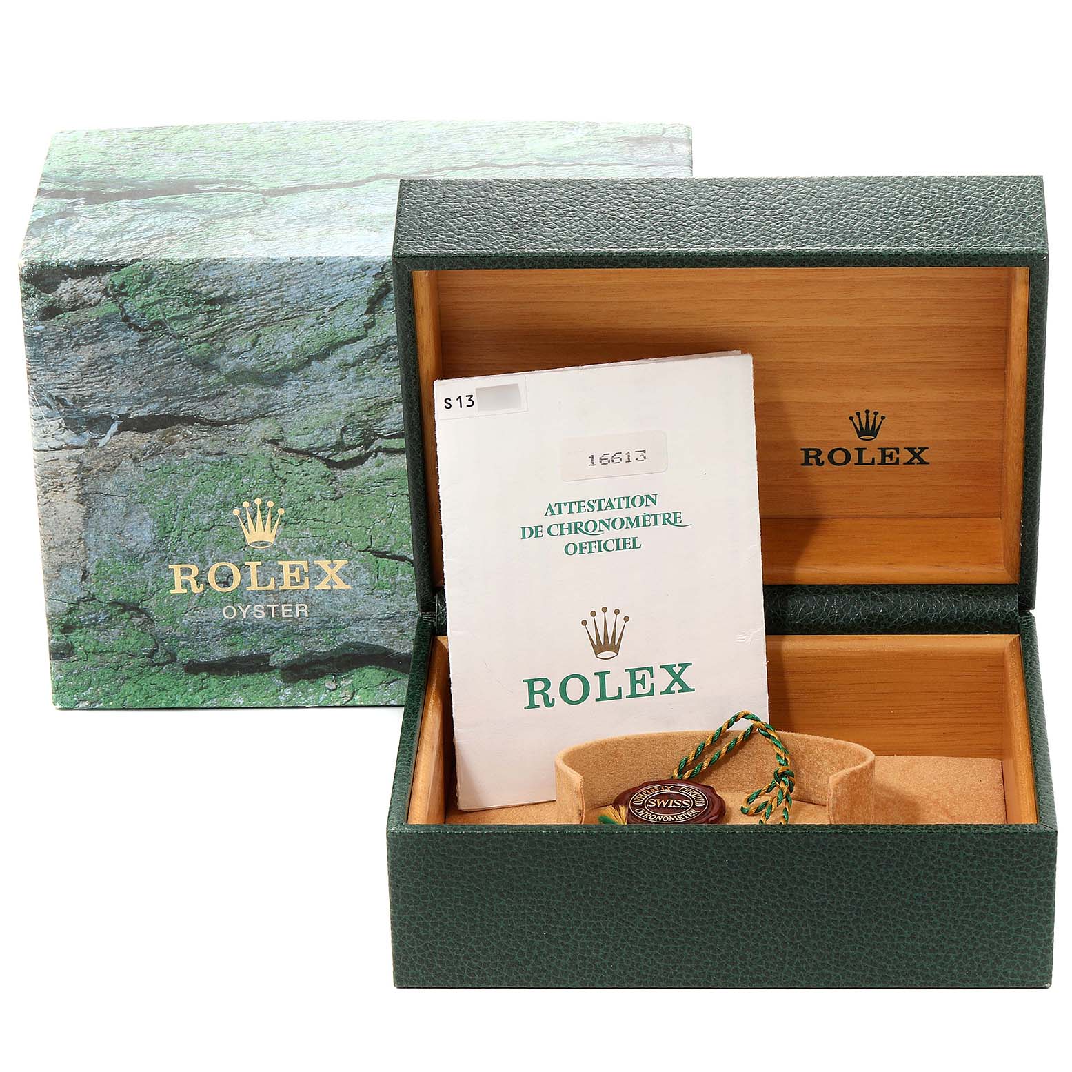 The image shows the packaging box, certification, and tags for the Rolex Submariner 16613 Men
s Stainless Steel Blue Dial 16613 Men
s Stainless Steel Blue Dial model.