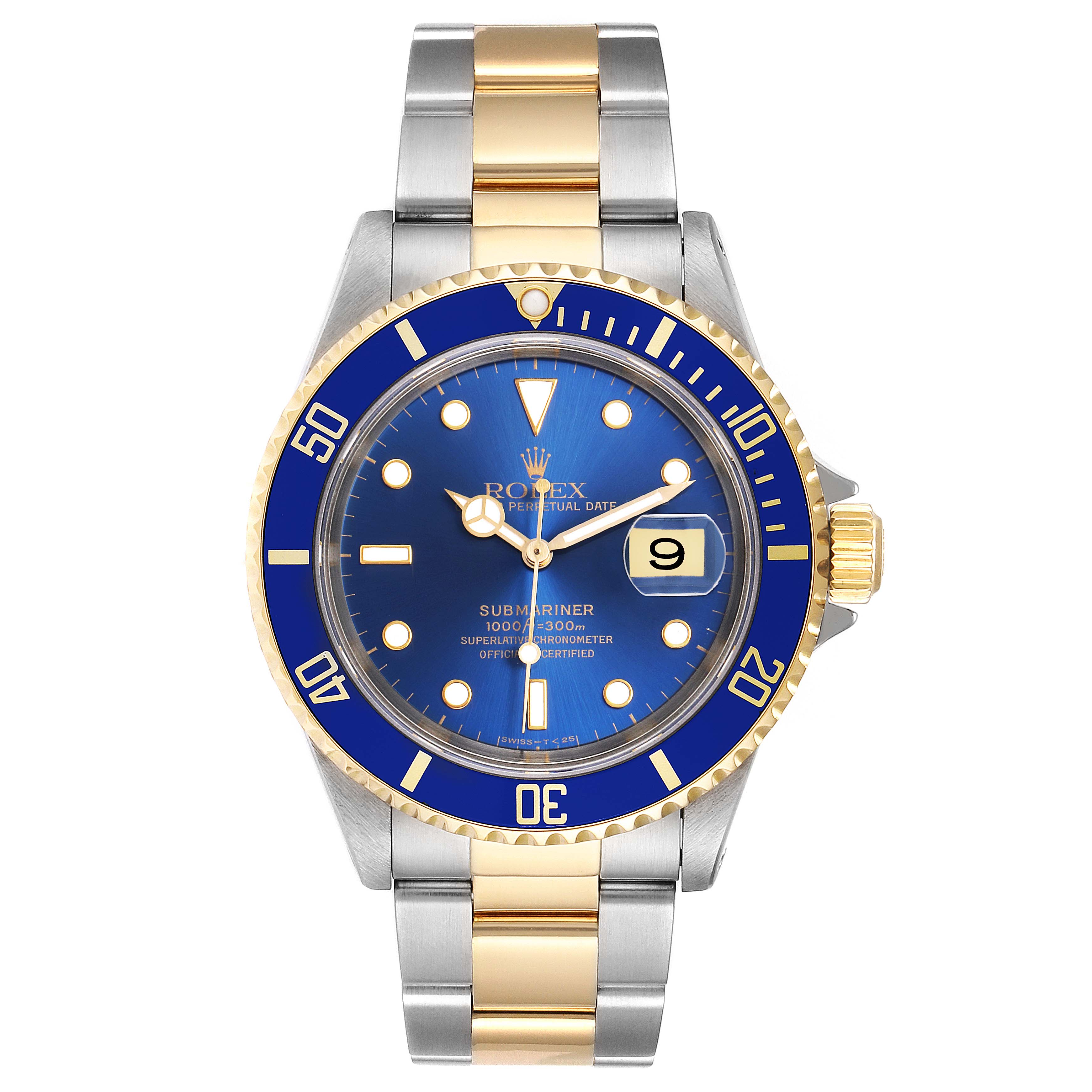 This image shows a front view of a Rolex Submariner 16613 Men
s Stainless Steel Blue Dial 16613 Men
s Stainless Steel Blue Dial watch, featuring its blue dial, bezel, and two-tone metal bracelet.