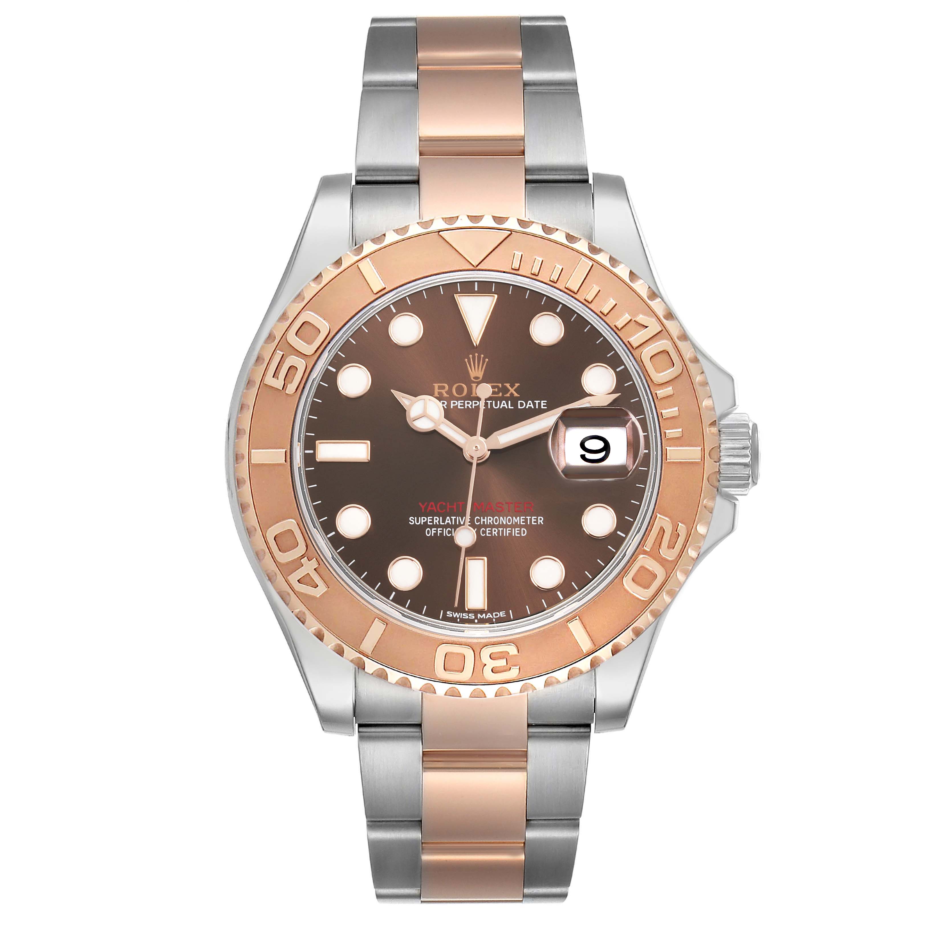 The Rolex Yacht-Master 116621 Men's Steel and Gold (two tone) Brown Dial 116621 Men's Steel and Gold (two tone) Brown Dial watch is shown from the front, displaying the dial, bezel, and bracelet.
