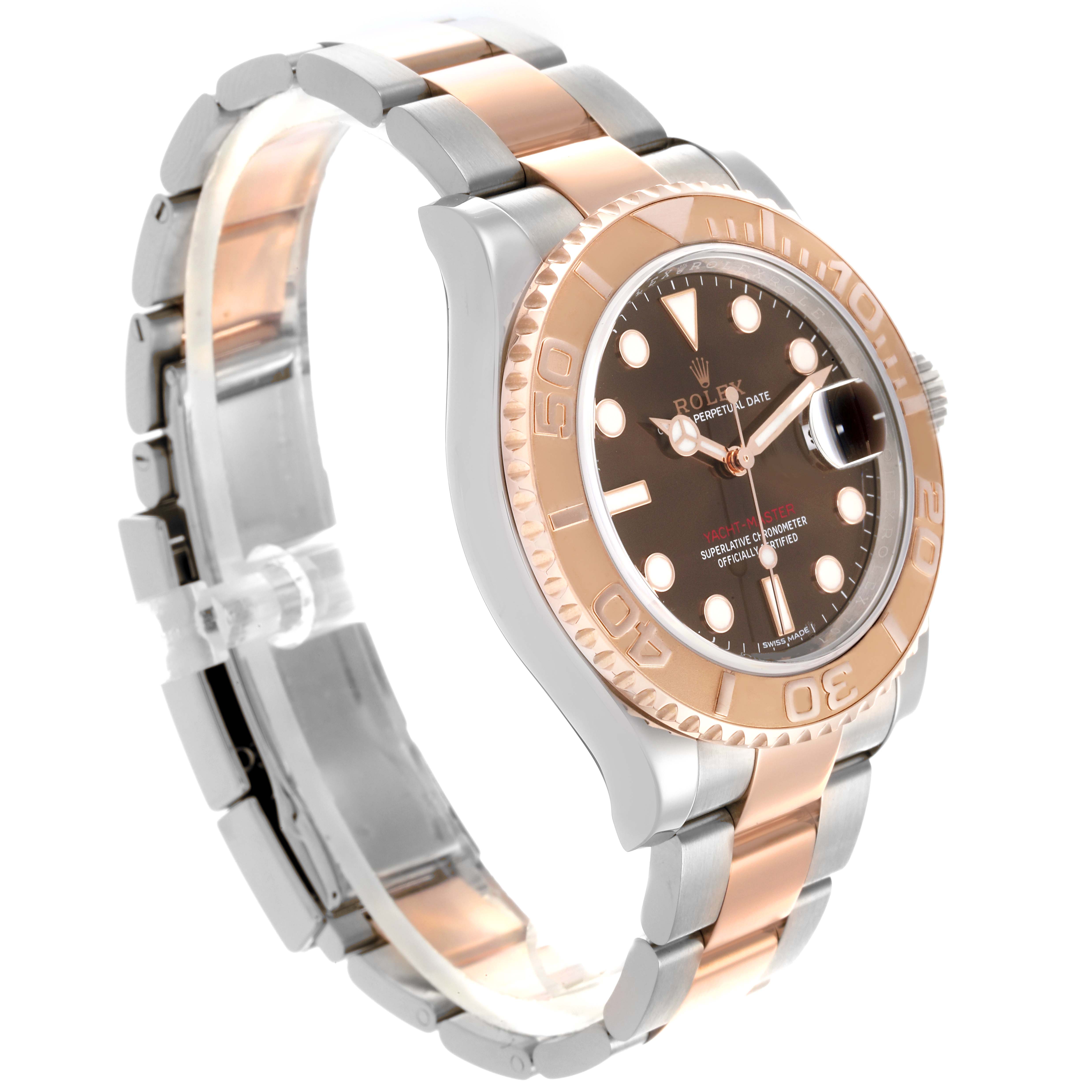 The Rolex Yacht-Master 116621 Men's Steel and Gold (two tone) Brown Dial 116621 Men's Steel and Gold (two tone) Brown Dial watch is shown at a side angle, highlighting the bezel, dial, and two-tone bracelet.
