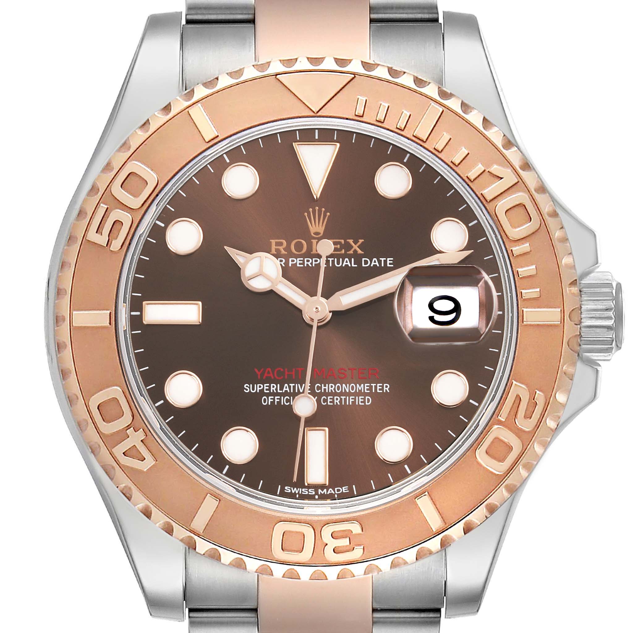 The Rolex Yacht-Master 116621 Men's Steel and Gold (two tone) Brown Dial 116621 Men's Steel and Gold (two tone) Brown Dial watch is shown from the front, displaying the bezel, dial, hands, and date window.