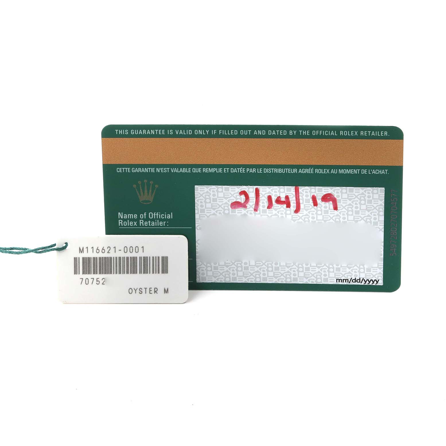 The image shows a Rolex Yacht-Master 116621 Men's Steel and Gold (two tone) Brown Dial 116621 Men's Steel and Gold (two tone) Brown Dial model warranty card and a tag with model details.