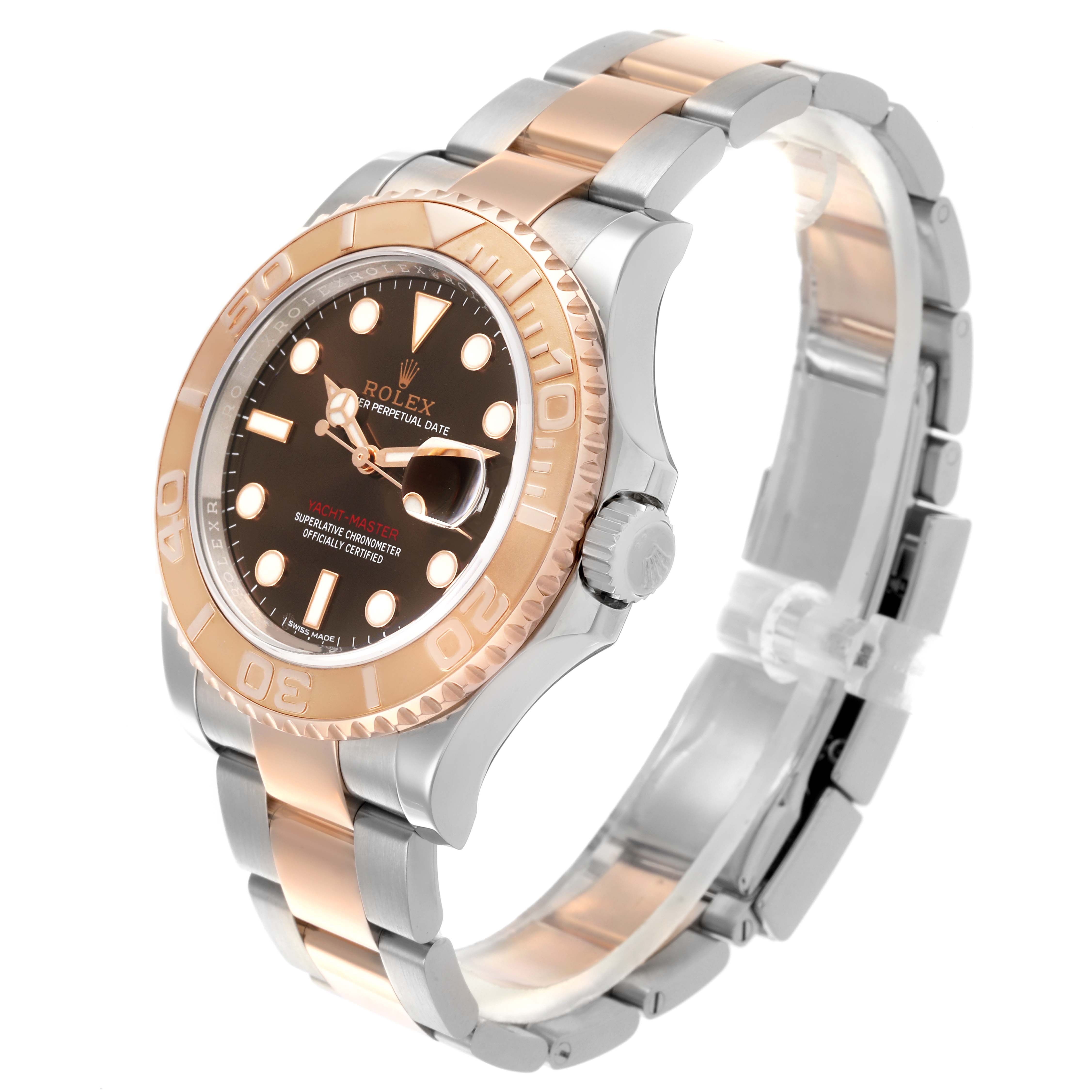 The Rolex Yacht-Master 116621 Men's Steel and Gold (two tone) Brown Dial 116621 Men's Steel and Gold (two tone) Brown Dial watch is shown at a slight side angle, displaying the bezel, face, crown, and bracelet.