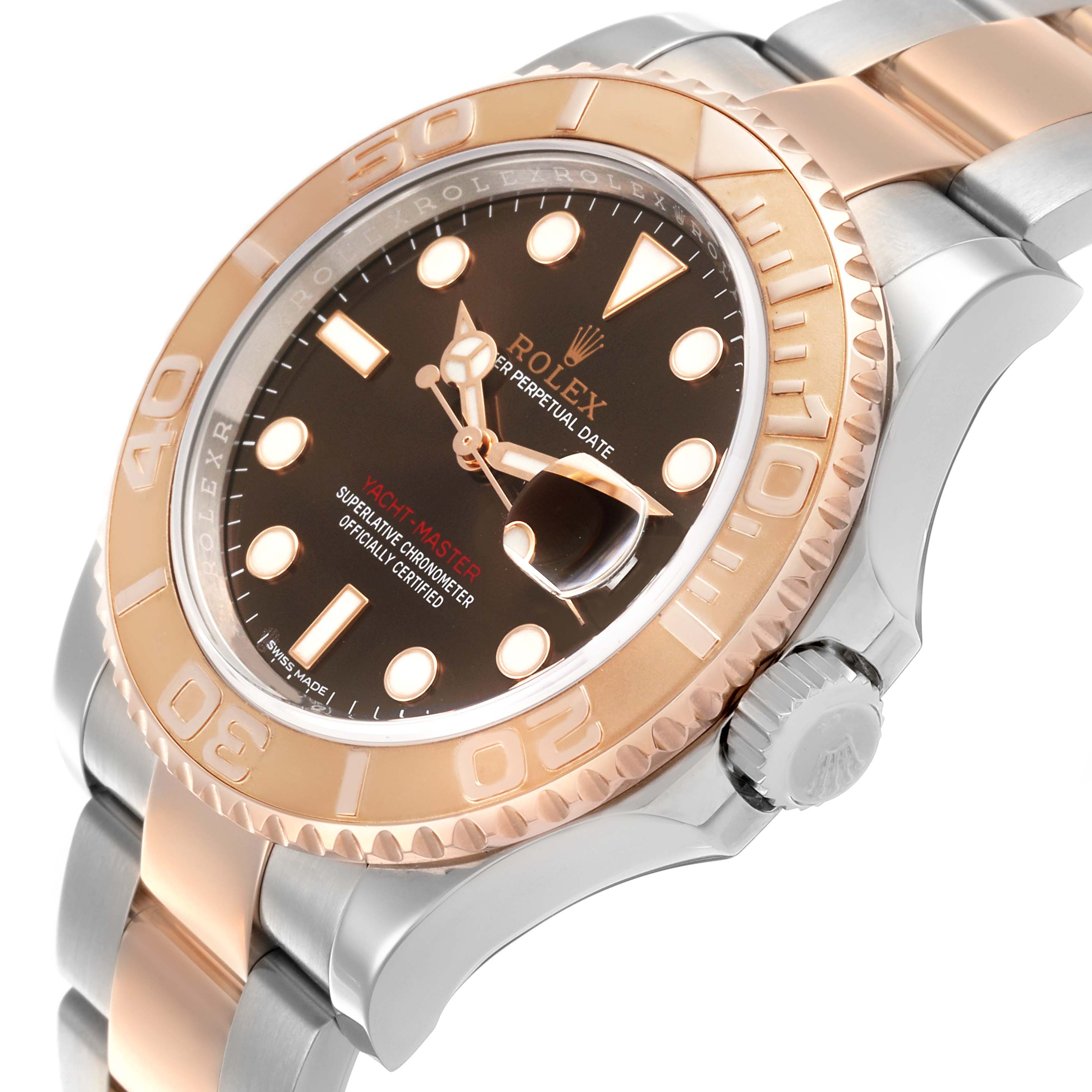 The Rolex Yacht-Master 116621 Men's Steel and Gold (two tone) Brown Dial 116621 Men's Steel and Gold (two tone) Brown Dial watch is shown at an angled side view, highlighting the bezel, dial, crown, and two-tone bracelet.