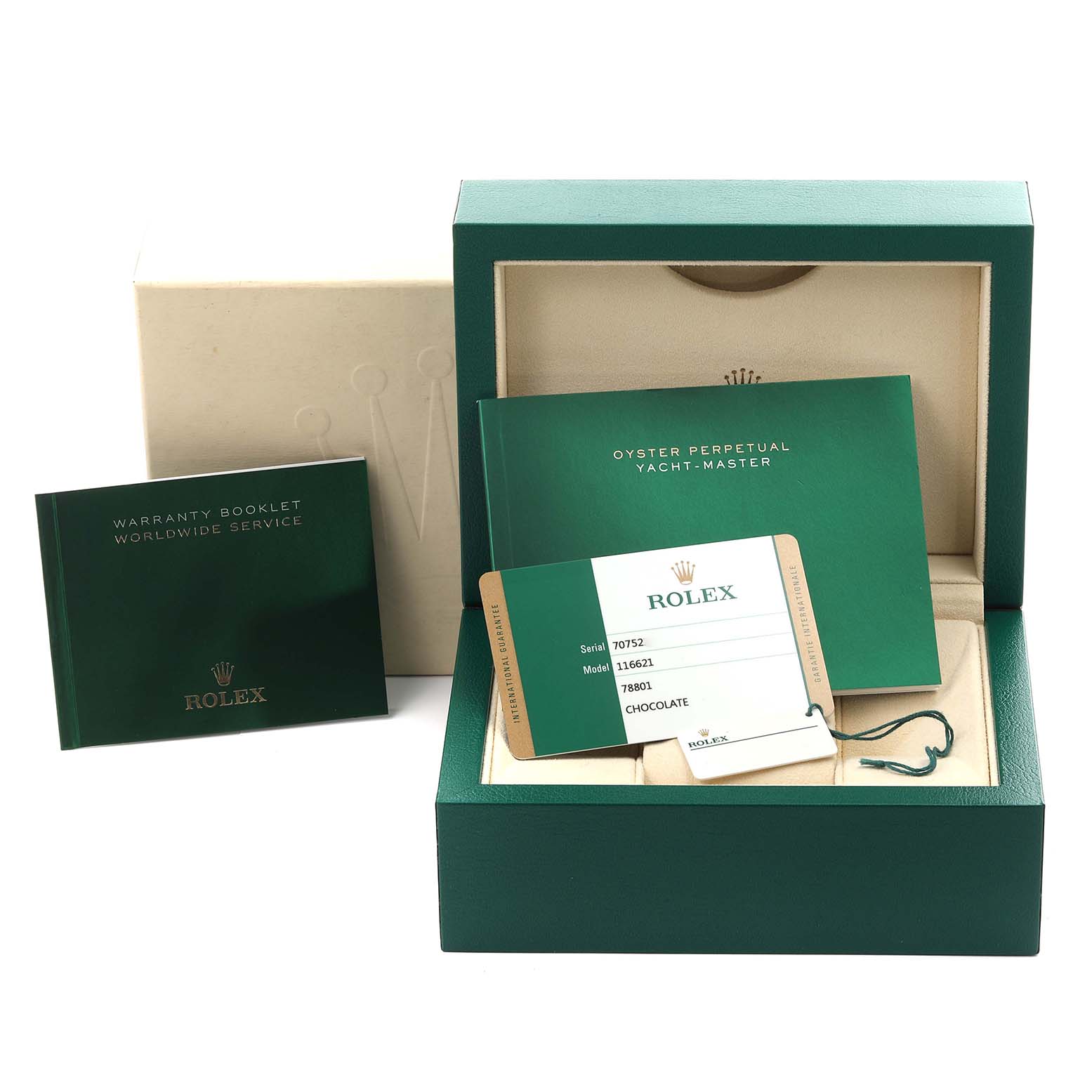 The image shows the Rolex Yacht-Master 116621 Men's Steel and Gold (two tone) Brown Dial 116621 Men's Steel and Gold (two tone) Brown Dial packaging, warranty booklet, and certificate card.