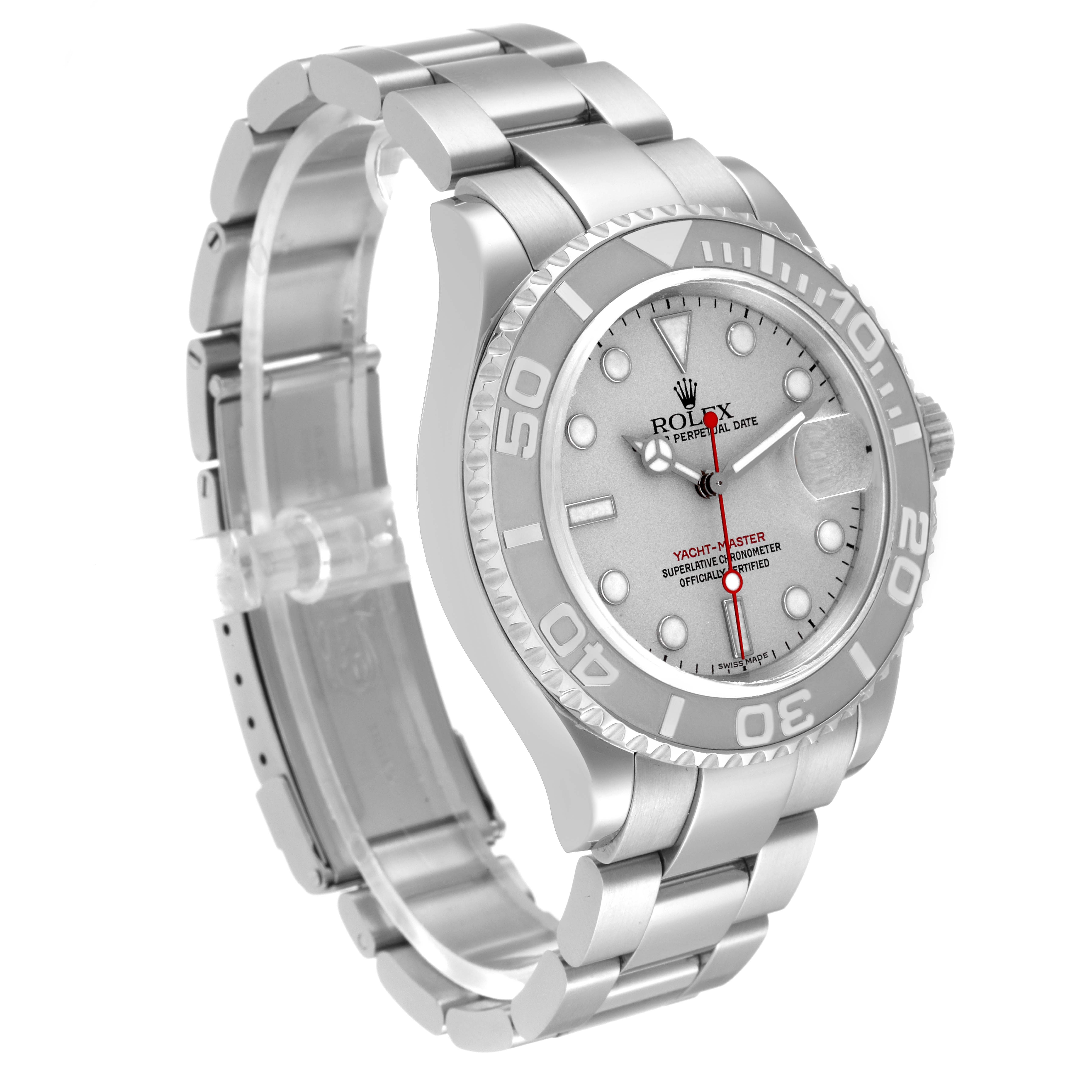 The Rolex Yacht-Master 16622 Men's Stainless Steel Silver Dial 16622 Men's Stainless Steel Silver Dial watch is shown at an angle, highlighting its silver bracelet, bezel, and dial with clear markers.