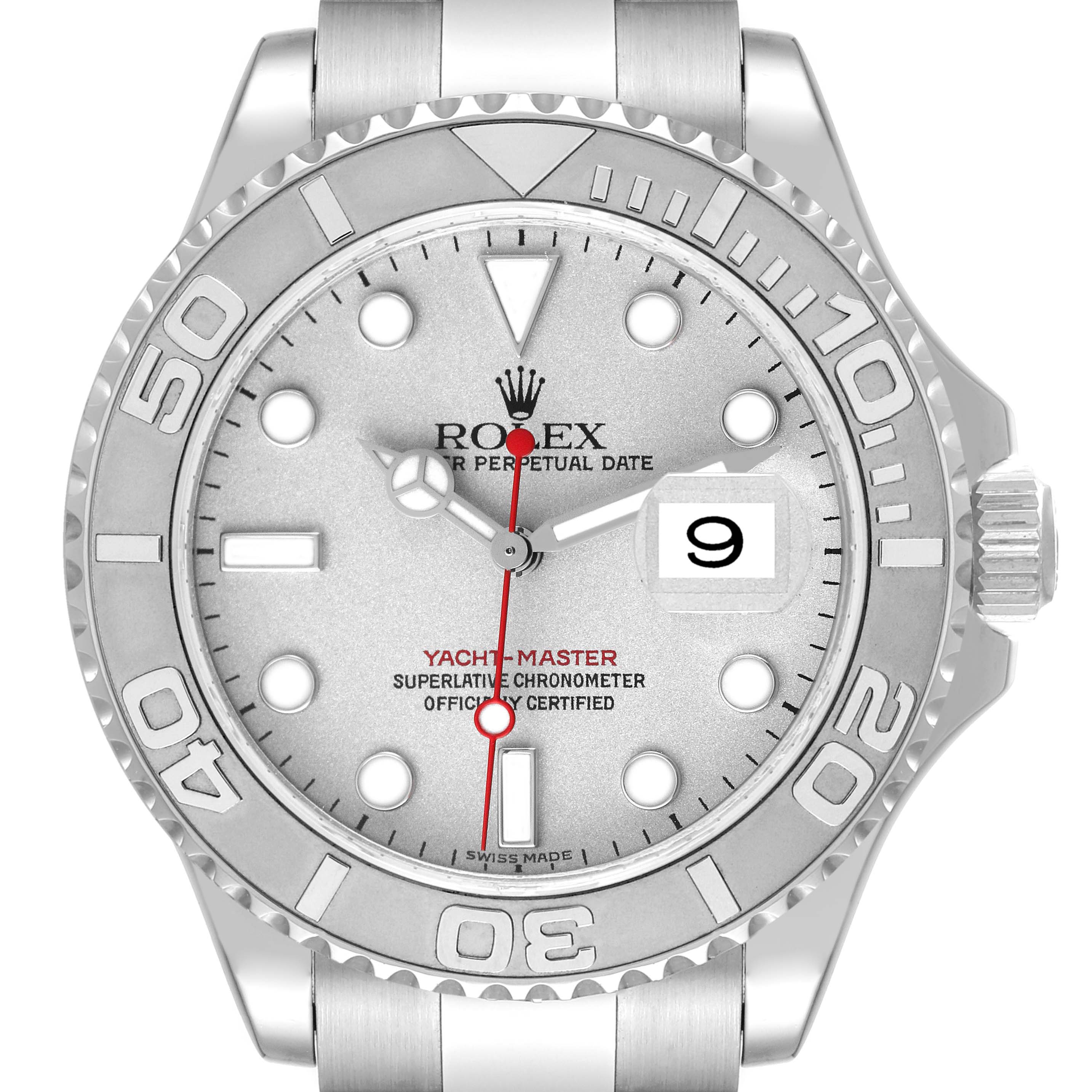 The image shows a front view of the Rolex Yacht-Master 16622 Men's Stainless Steel Silver Dial 16622 Men's Stainless Steel Silver Dial watch, highlighting its dial, bezel, and date window.