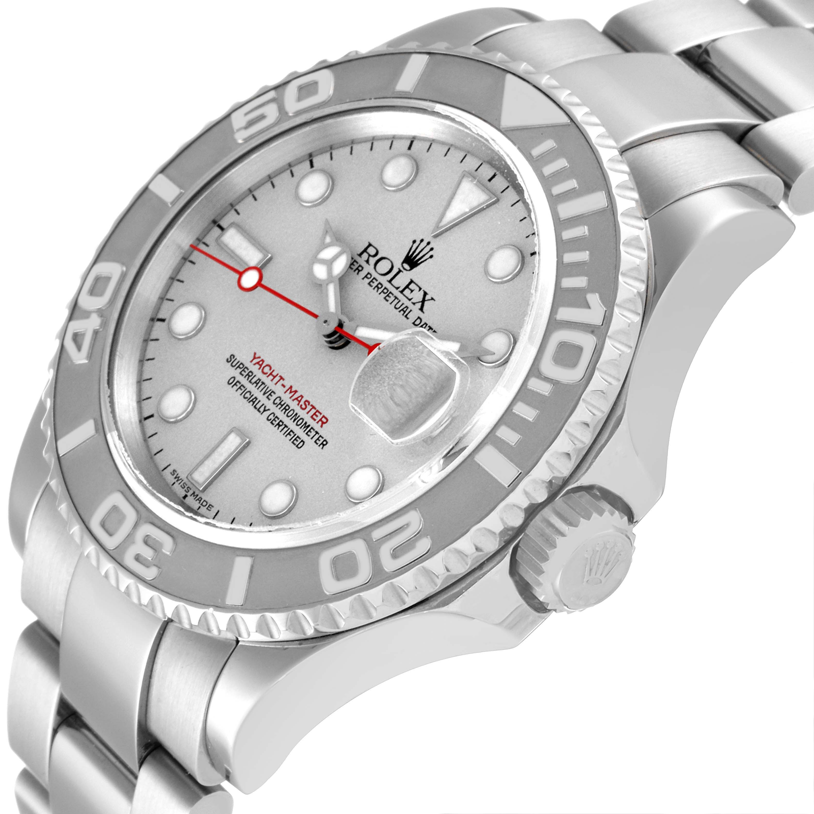 The image shows the Rolex Yacht-Master 16622 Men's Stainless Steel Silver Dial 16622 Men's Stainless Steel Silver Dial watch from a side angle, highlighting the crown, bezel, dial, and bracelet.