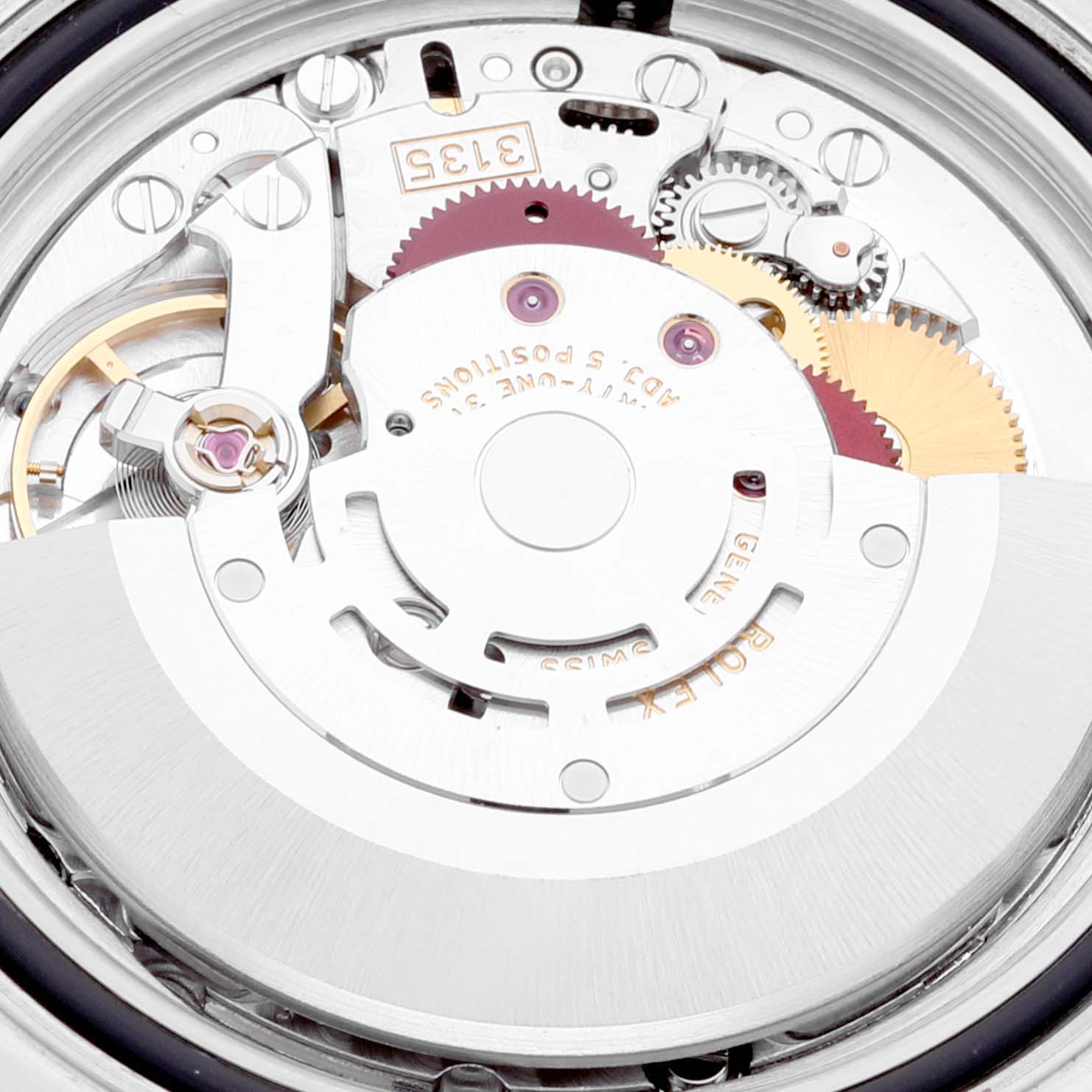 This is an angled close-up view of the internal movement mechanisms of a Rolex Yacht-Master 16622 Men's Stainless Steel Silver Dial 16622 Men's Stainless Steel Silver Dial watch.