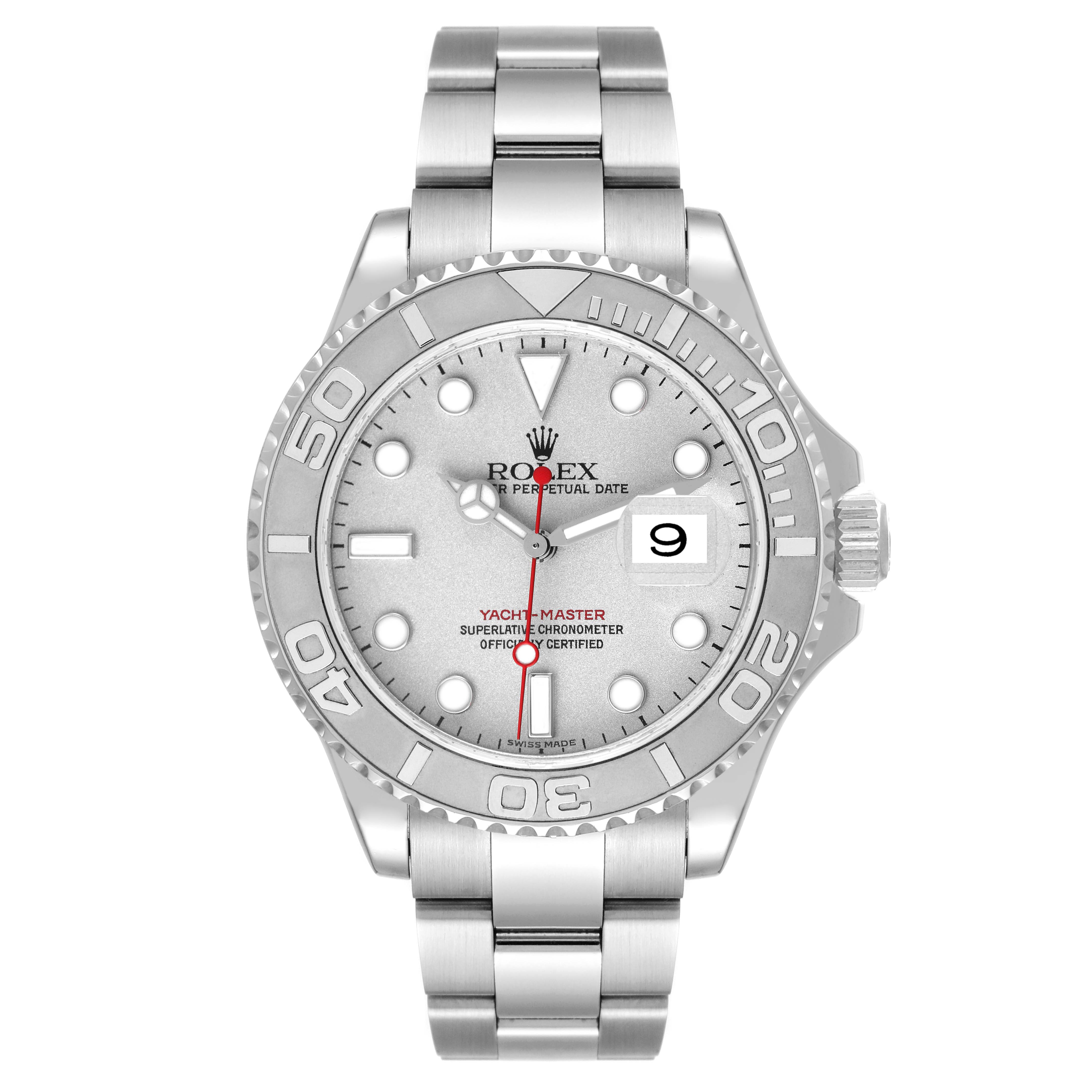 The Rolex Yacht-Master 16622 Men's Stainless Steel Silver Dial 16622 Men's Stainless Steel Silver Dial watch is shown from a front angle, displaying the dial, bezel, bracelet, and side crown.