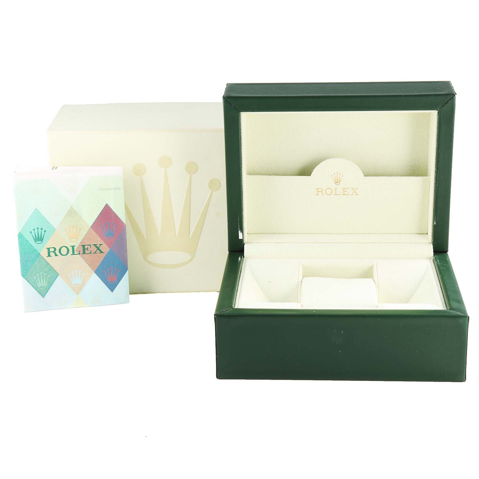 This image shows the packaging for a Rolex Yacht-Master 16622 Men's Stainless Steel Silver Dial 16622 Men's Stainless Steel Silver Dial watch, including a green box, outer box, and booklet.