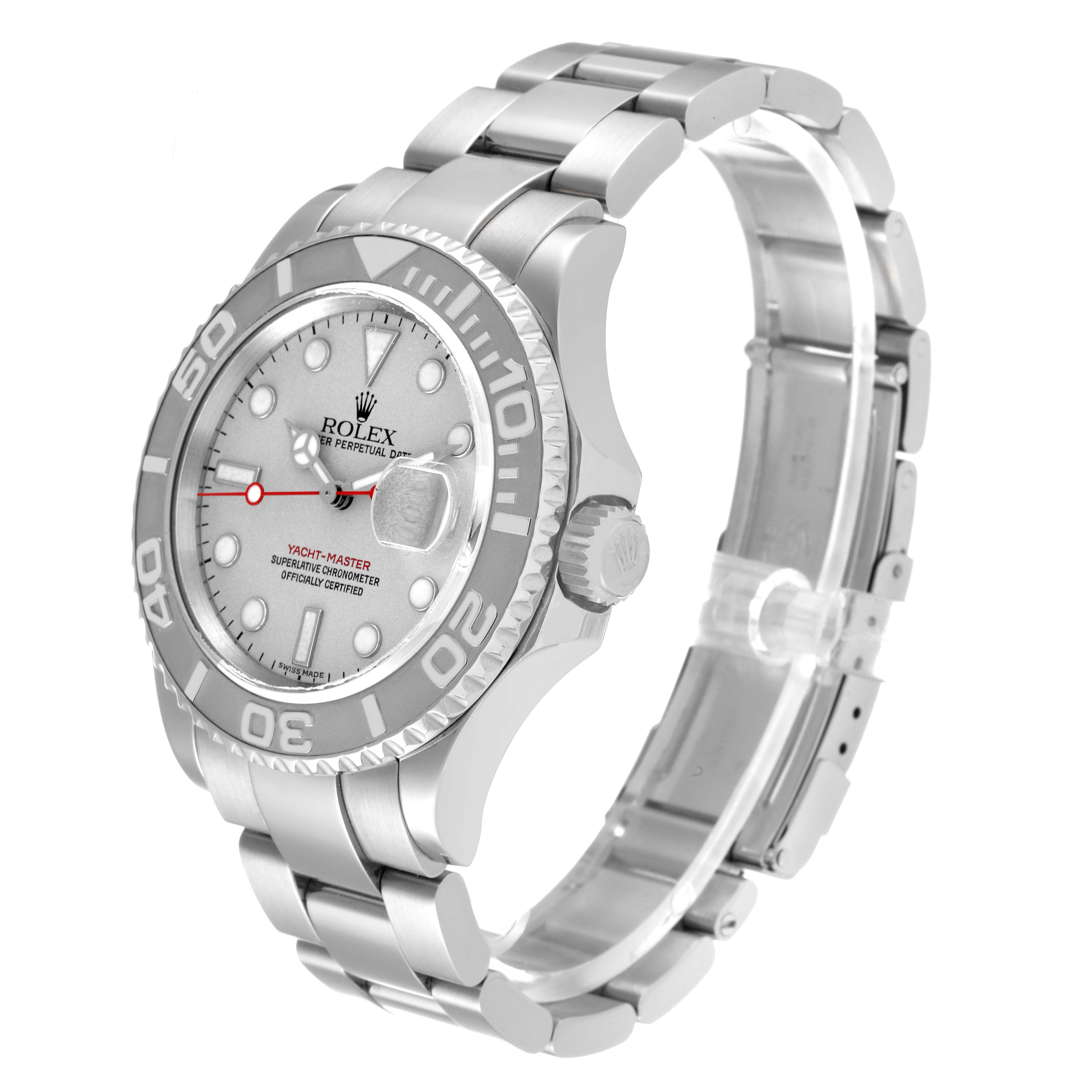 The Rolex Yacht-Master 16622 Men's Stainless Steel Silver Dial 16622 Men's Stainless Steel Silver Dial watch is shown at an angle highlighting the face, bezel, crown, and a portion of the bracelet.