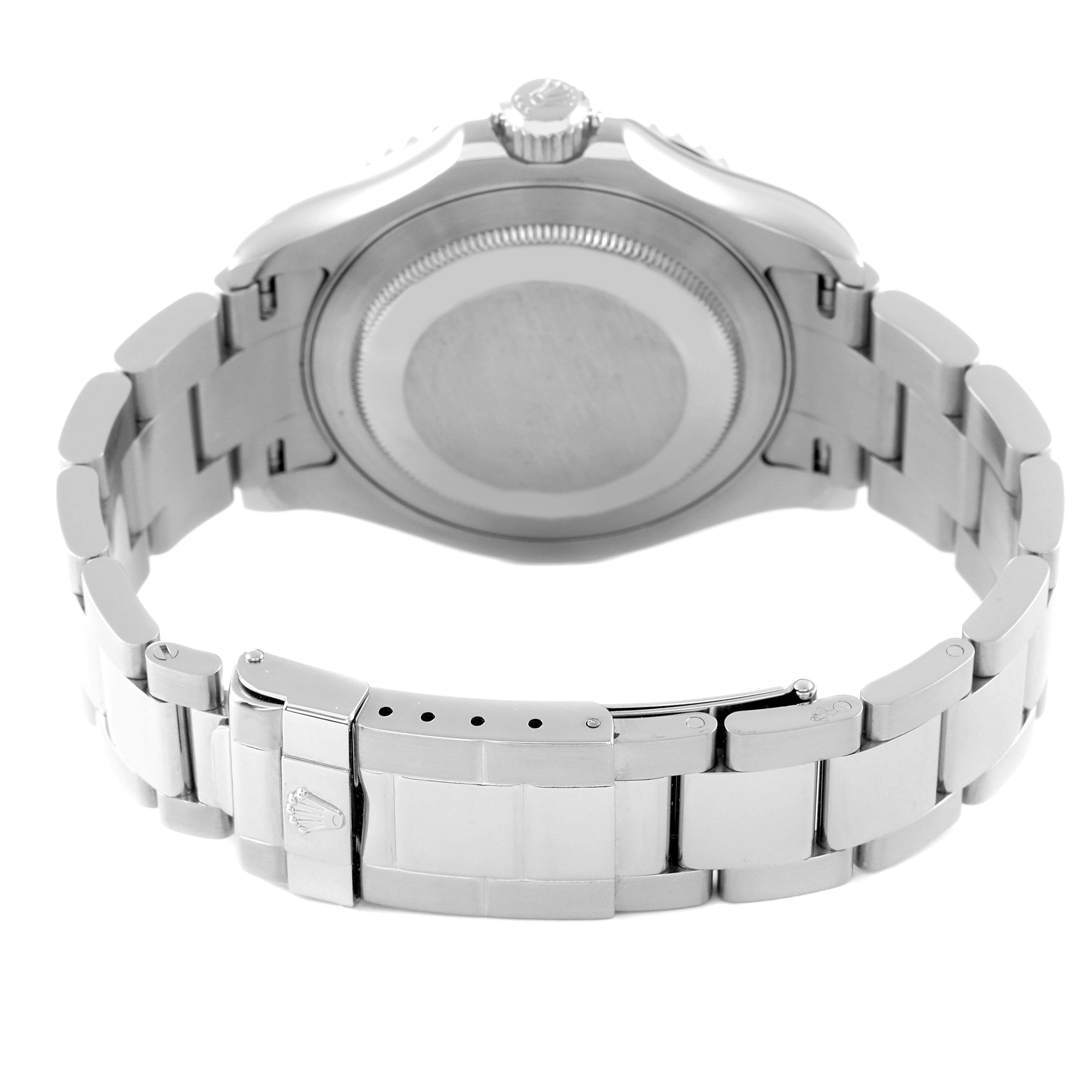 The image shows the back view of a Rolex Yacht-Master 16622 Men's Stainless Steel Silver Dial 16622 Men's Stainless Steel Silver Dial watch, highlighting the case back and bracelet.