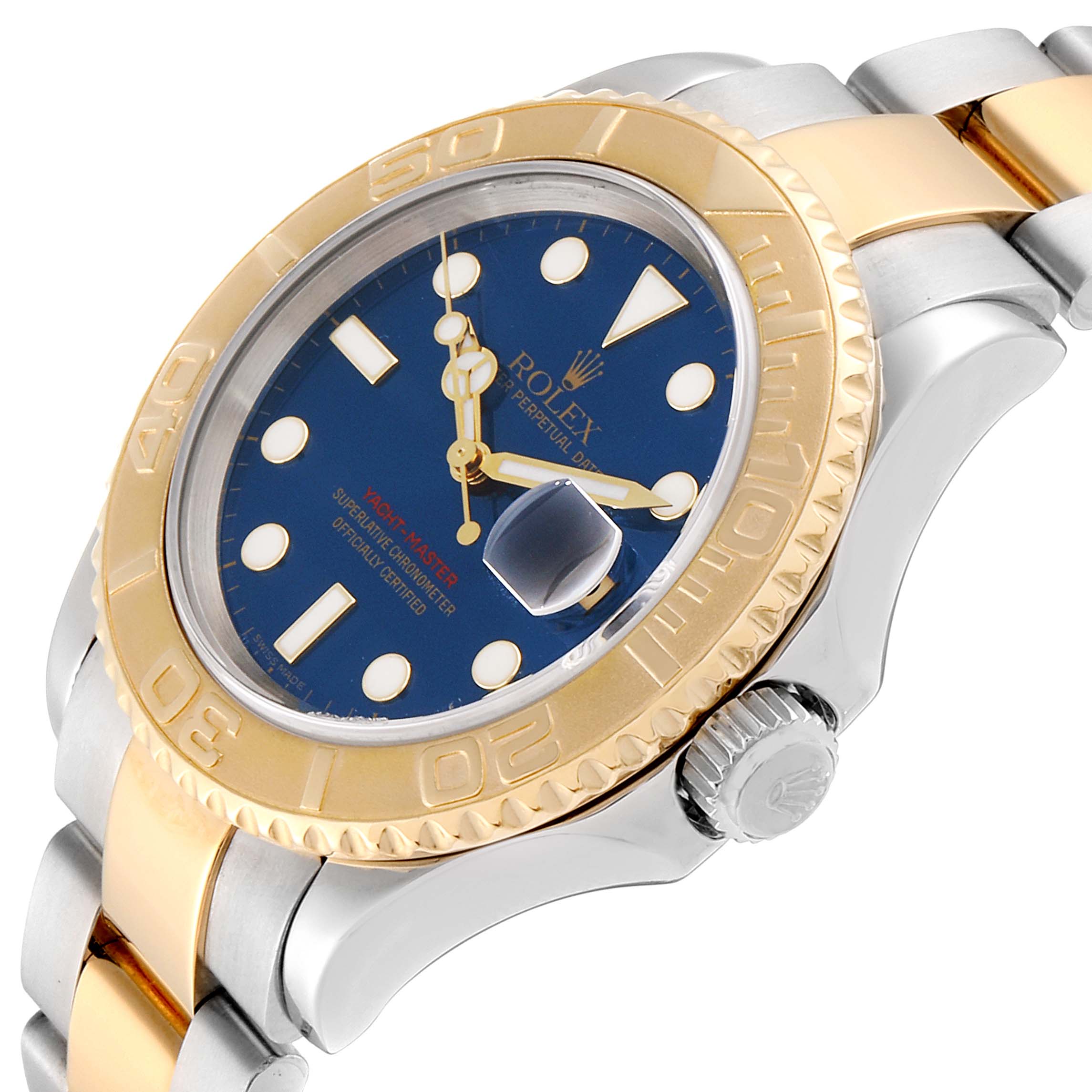 This image shows a close-up view of the Rolex Yacht-Master 16623 Men's Steel and Gold (two tone) Blue Dial 16623 Men's Steel and Gold (two tone) Blue Dial watch face and part of the bracelet, focusing on the bezel and crown.