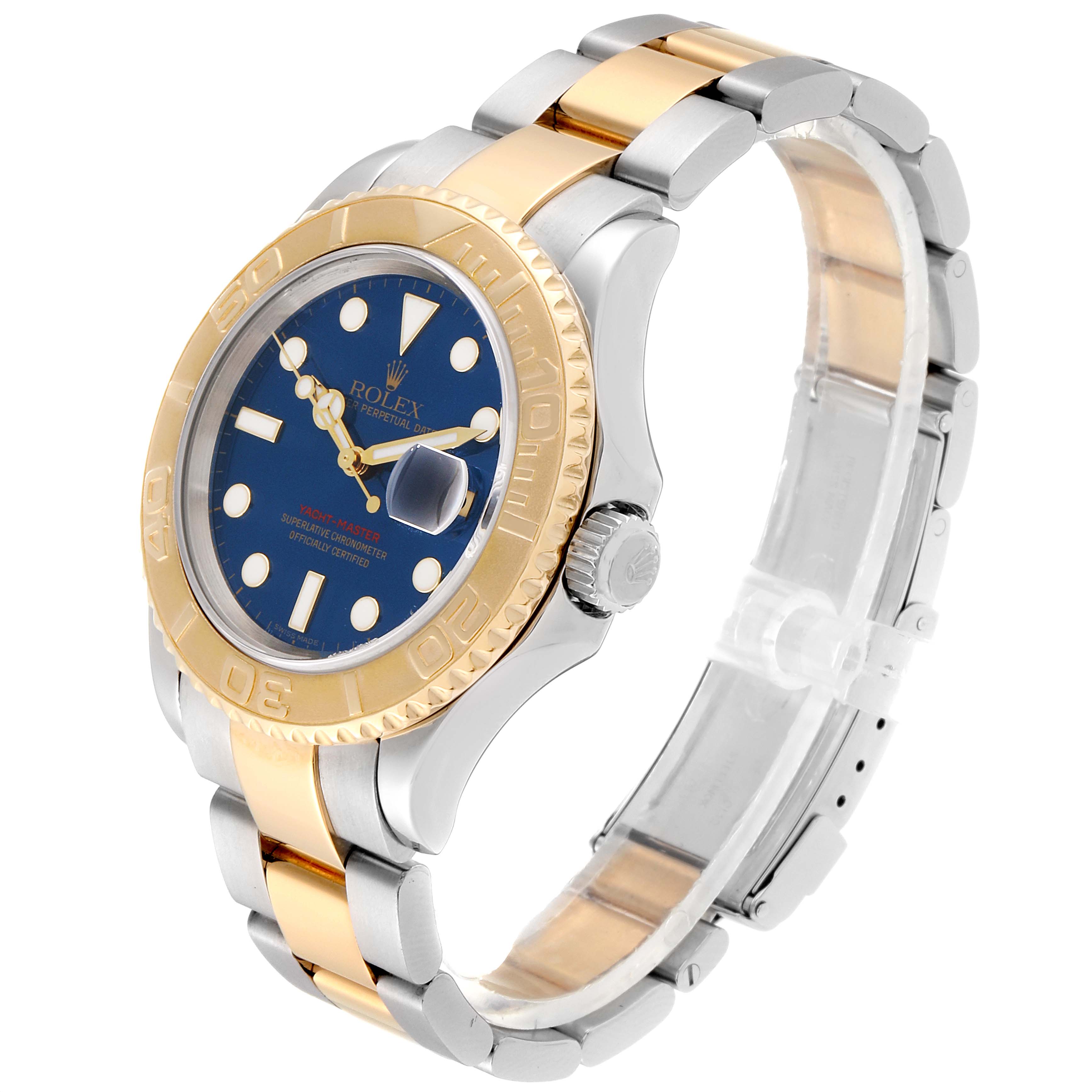 The Rolex Yacht-Master 16623 Men's Steel and Gold (two tone) Blue Dial 16623 Men's Steel and Gold (two tone) Blue Dial watch is shown at a slight angle, highlighting the face, bezel, crown, and bracelet.