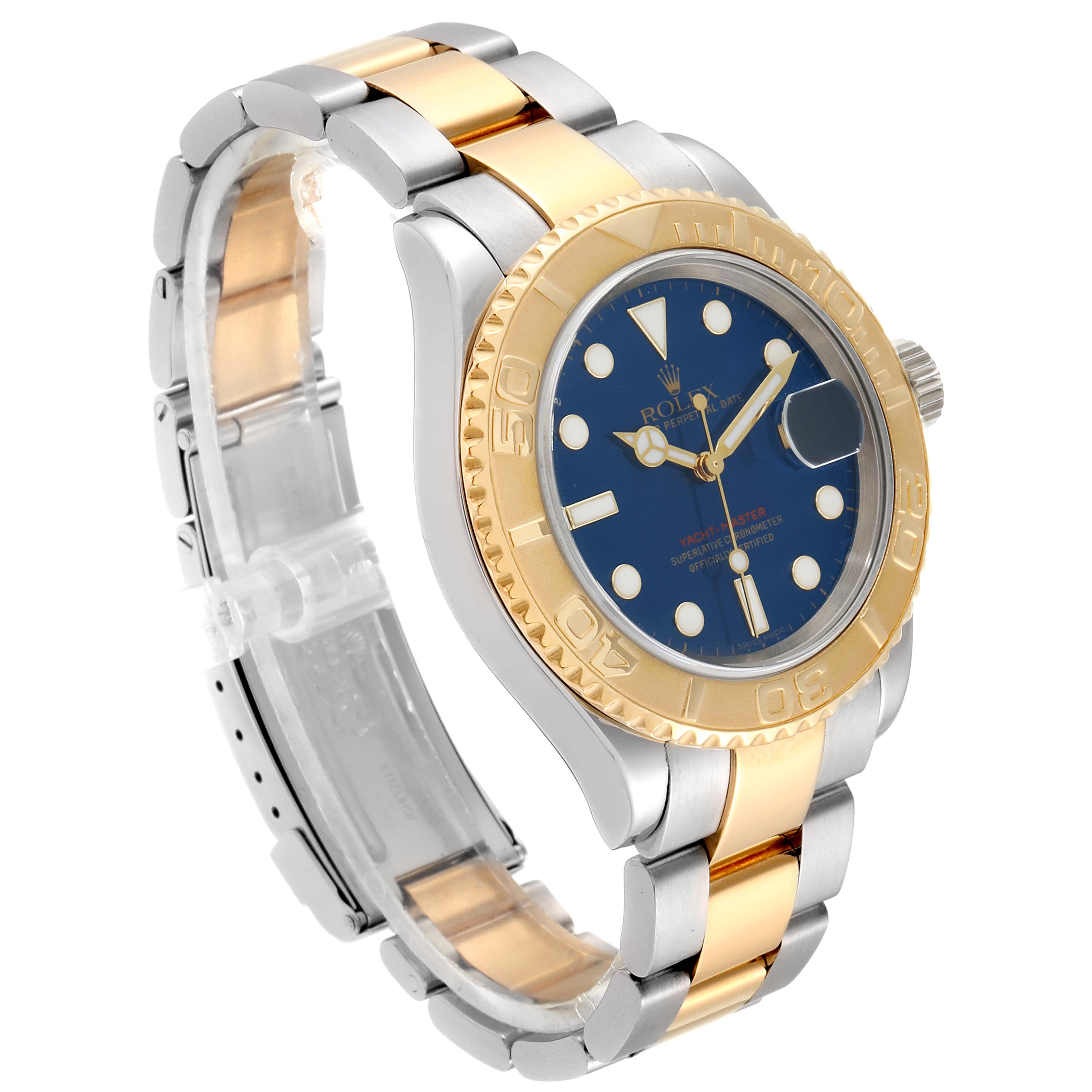 The Rolex Yacht-Master 16623 Men's Steel and Gold (two tone) Blue Dial 16623 Men's Steel and Gold (two tone) Blue Dial watch is shown at a three-quarter angle, highlighting its bracelet, bezel, and dial.