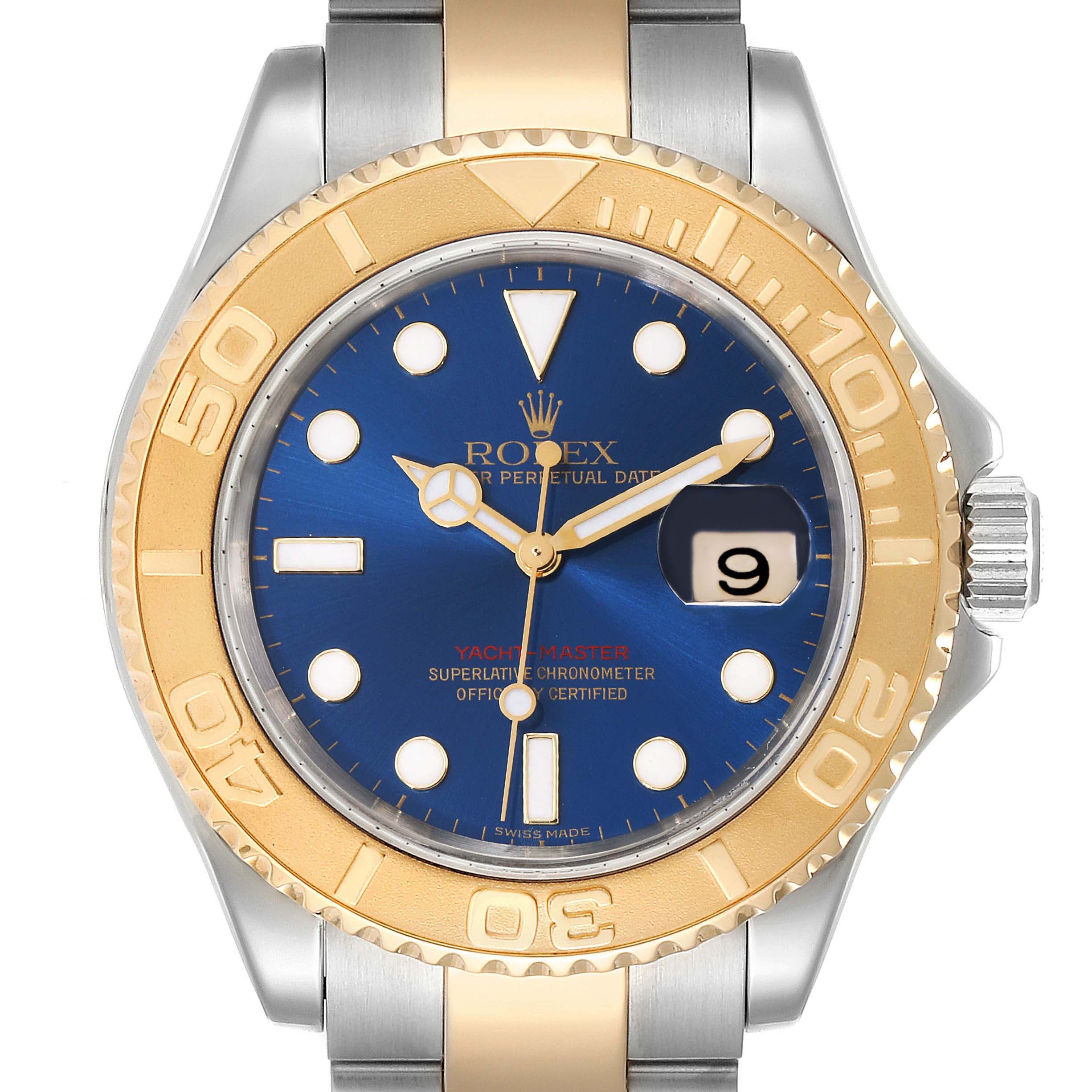 This image shows a front view of the Rolex Yacht-Master 16623 Men's Steel and Gold (two tone) Blue Dial 16623 Men's Steel and Gold (two tone) Blue Dial watch, highlighting the dial, bezel, and part of the bracelet.