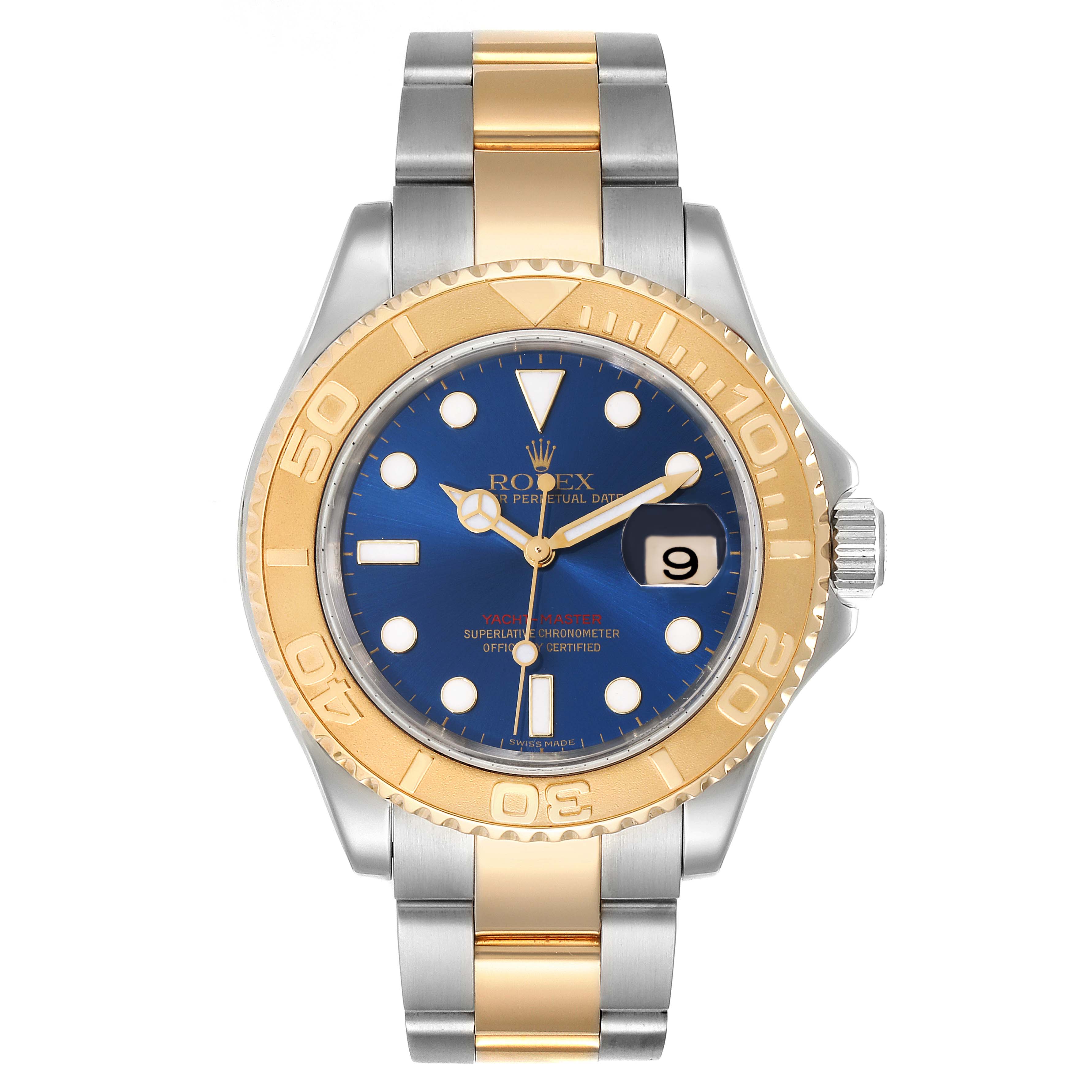 The Rolex Yacht-Master 16623 Men's Steel and Gold (two tone) Blue Dial 16623 Men's Steel and Gold (two tone) Blue Dial watch is shown from a straight-on angle, highlighting the dial, bezel, and bracelet.