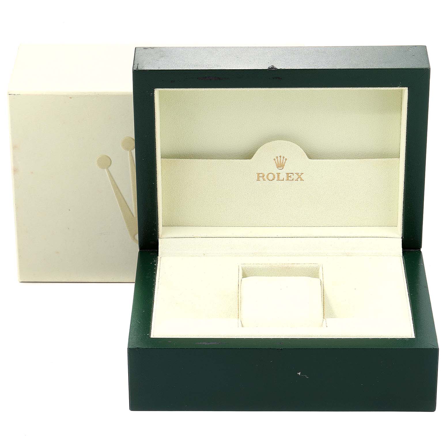 The image shows an open Rolex Yacht-Master 16623 Men's Steel and Gold (two tone) Blue Dial 16623 Men's Steel and Gold (two tone) Blue Dial watch box from a top-front angle.