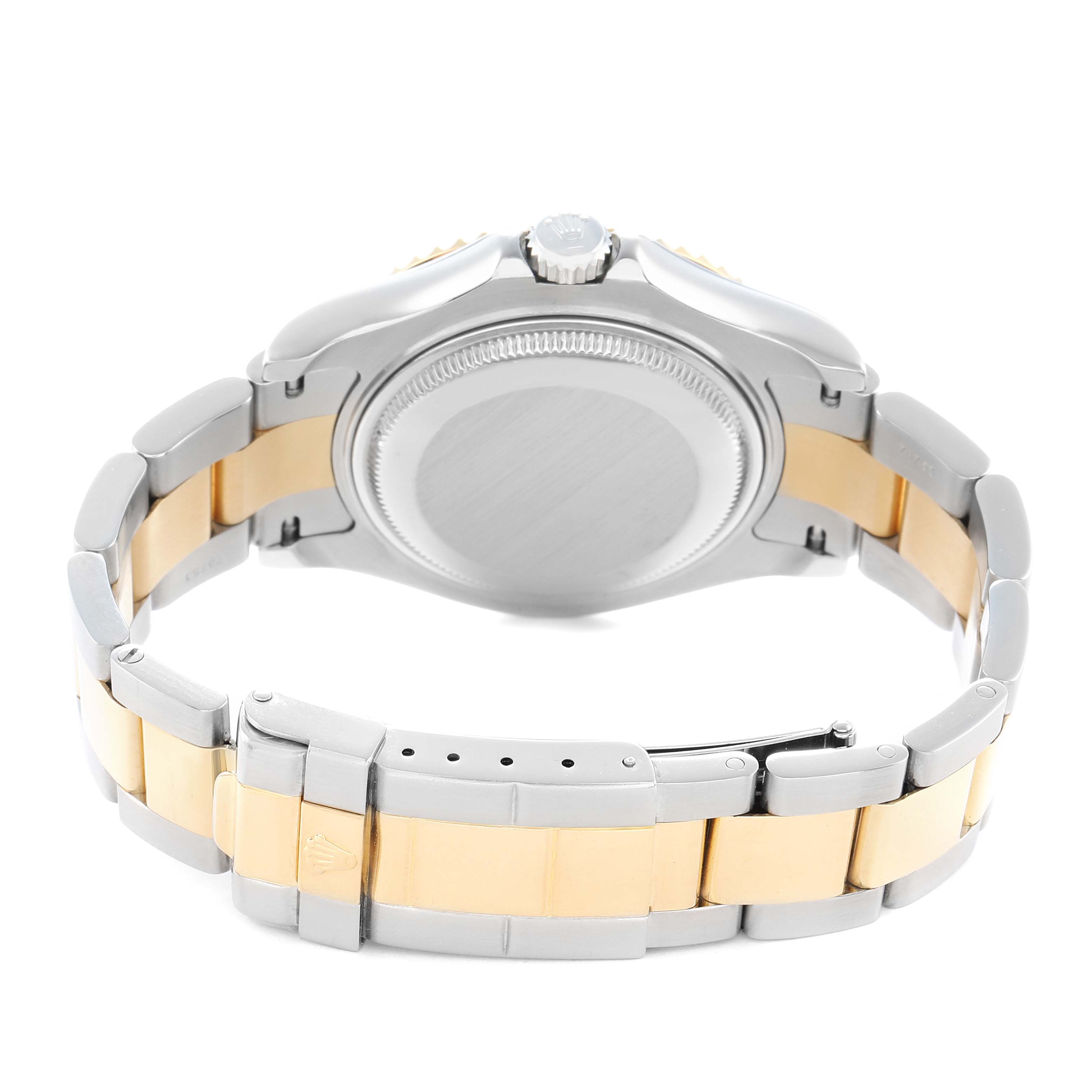 The image shows the back of a Rolex Yacht-Master 168623 Men
s Steel and Gold (two tone) White Dial watch, highlighting its bracelet and clasp in a two-tone finish.