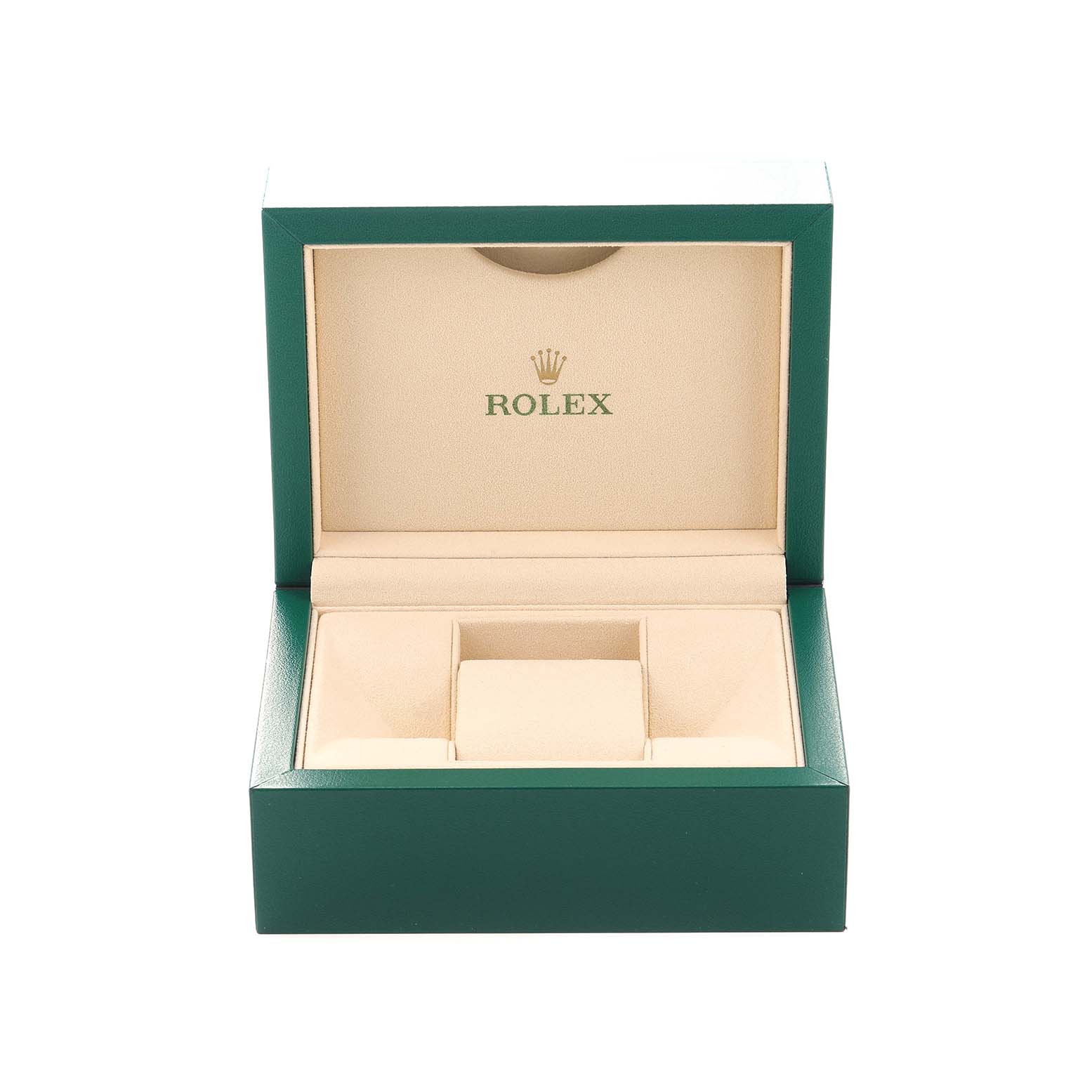 The image shows an open Rolex Yacht-Master 168623 Men
s Steel and Gold (two tone) White Dial watch box at a straight-on angle, highlighting its cushioned interior.