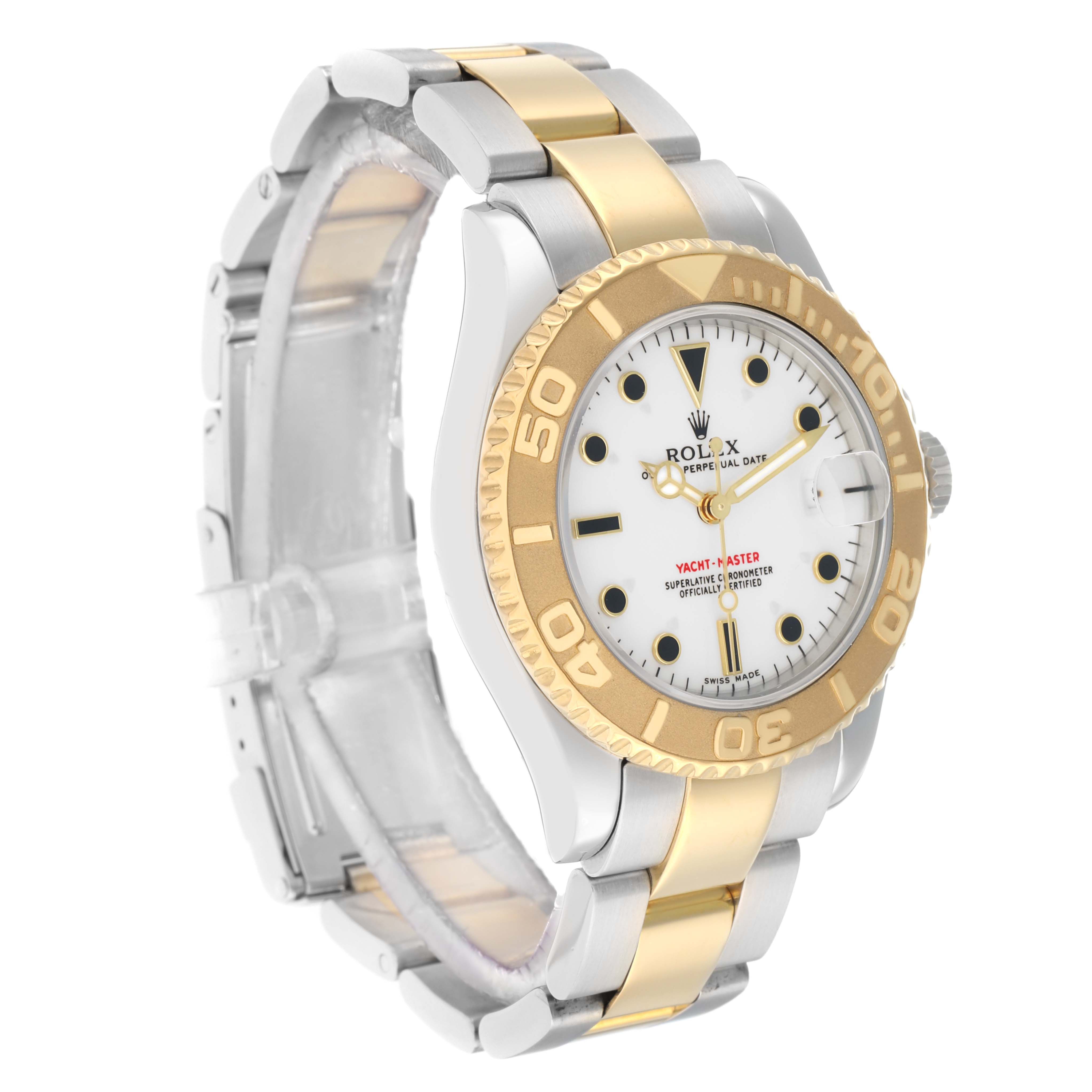 The Rolex Yacht-Master 168623 Men
s Steel and Gold (two tone) White Dial watch is shown at a three-quarter angle, highlighting the bezel, dial, and part of the bracelet.