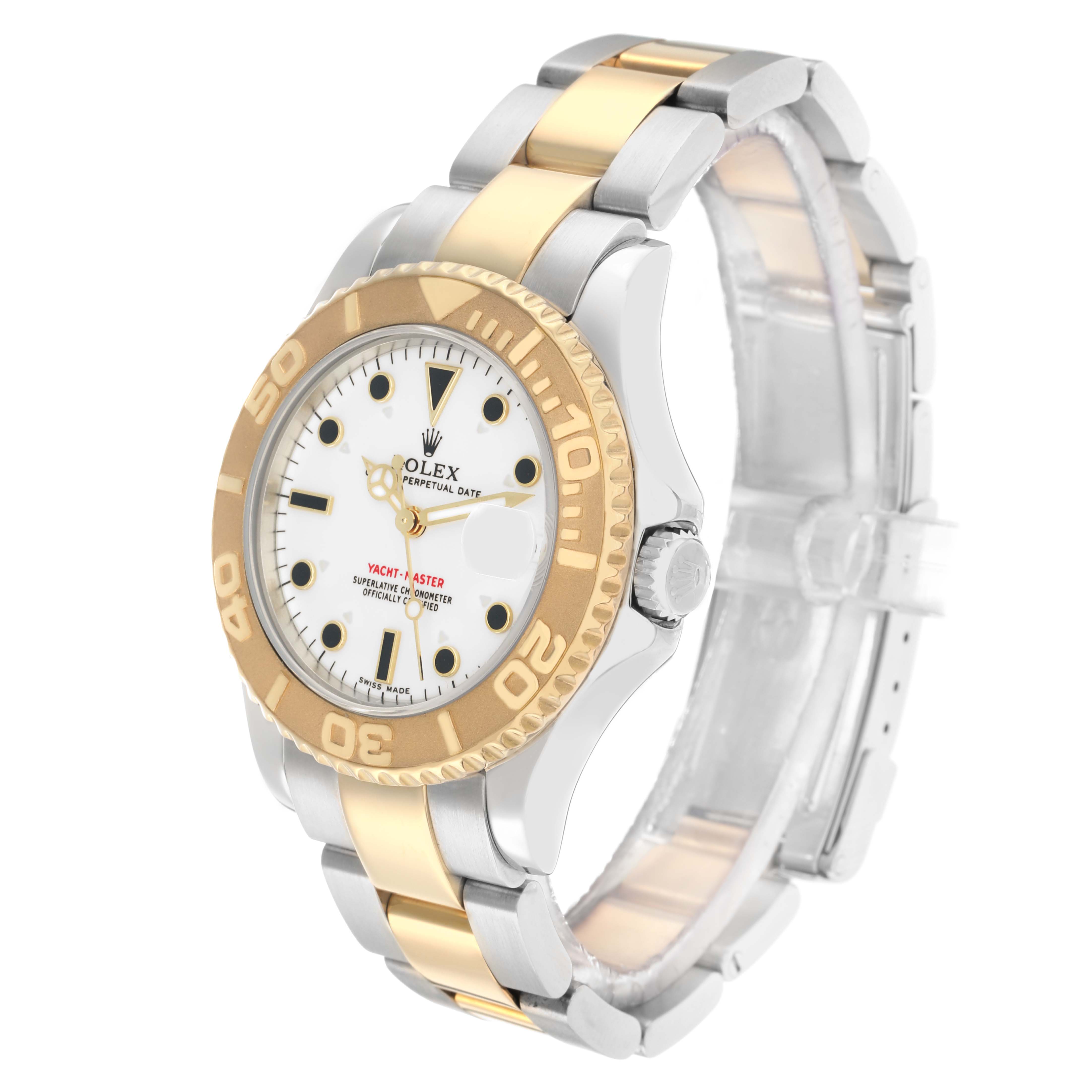 The Rolex Yacht-Master 168623 Men
s Steel and Gold (two tone) White Dial watch is shown at a front-right angle, displaying the bezel, dial, and bracelet.
