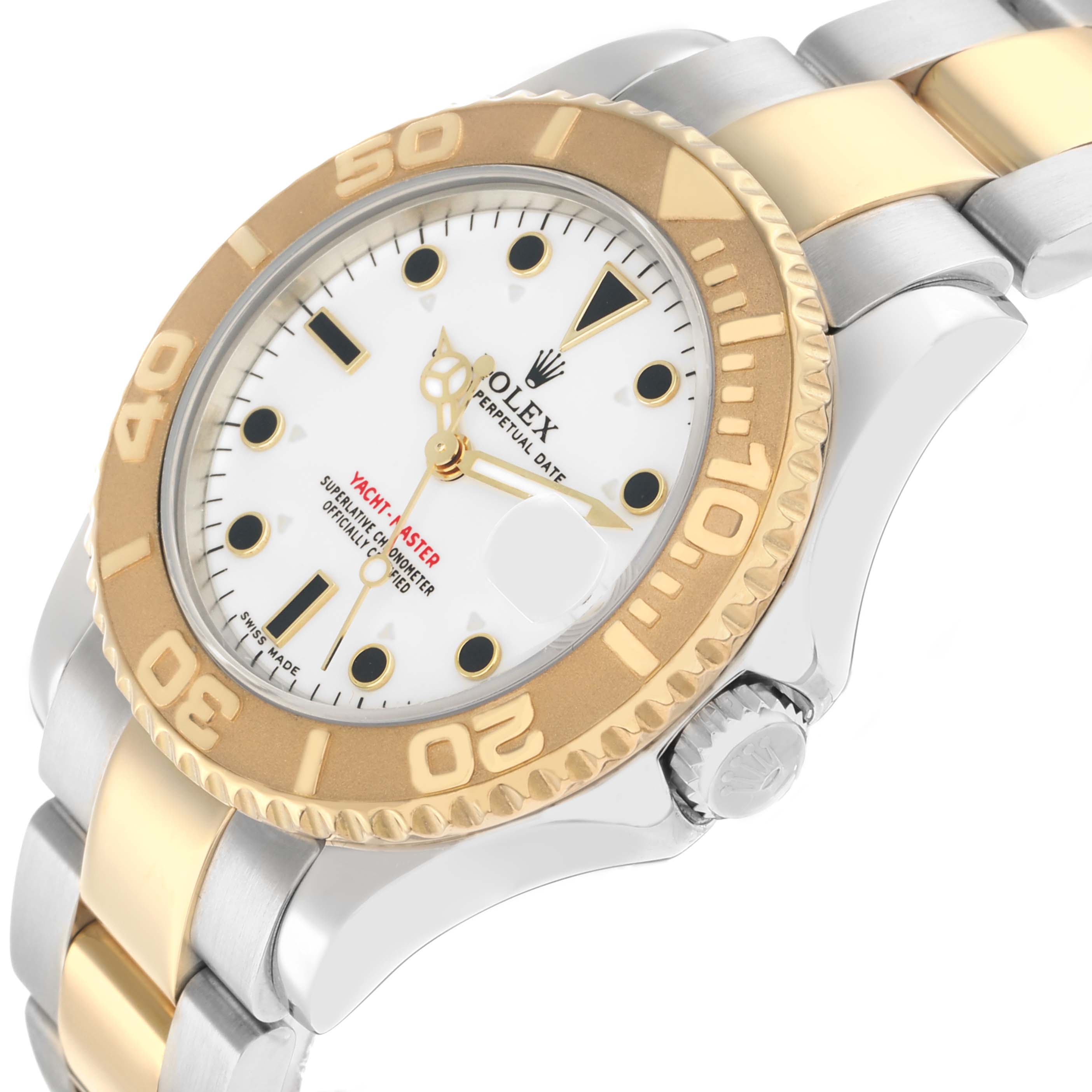 The Rolex Yacht-Master 168623 Men
s Steel and Gold (two tone) White Dial watch is shown at an angled side view, highlighting the bezel, dial, and part of the bracelet.