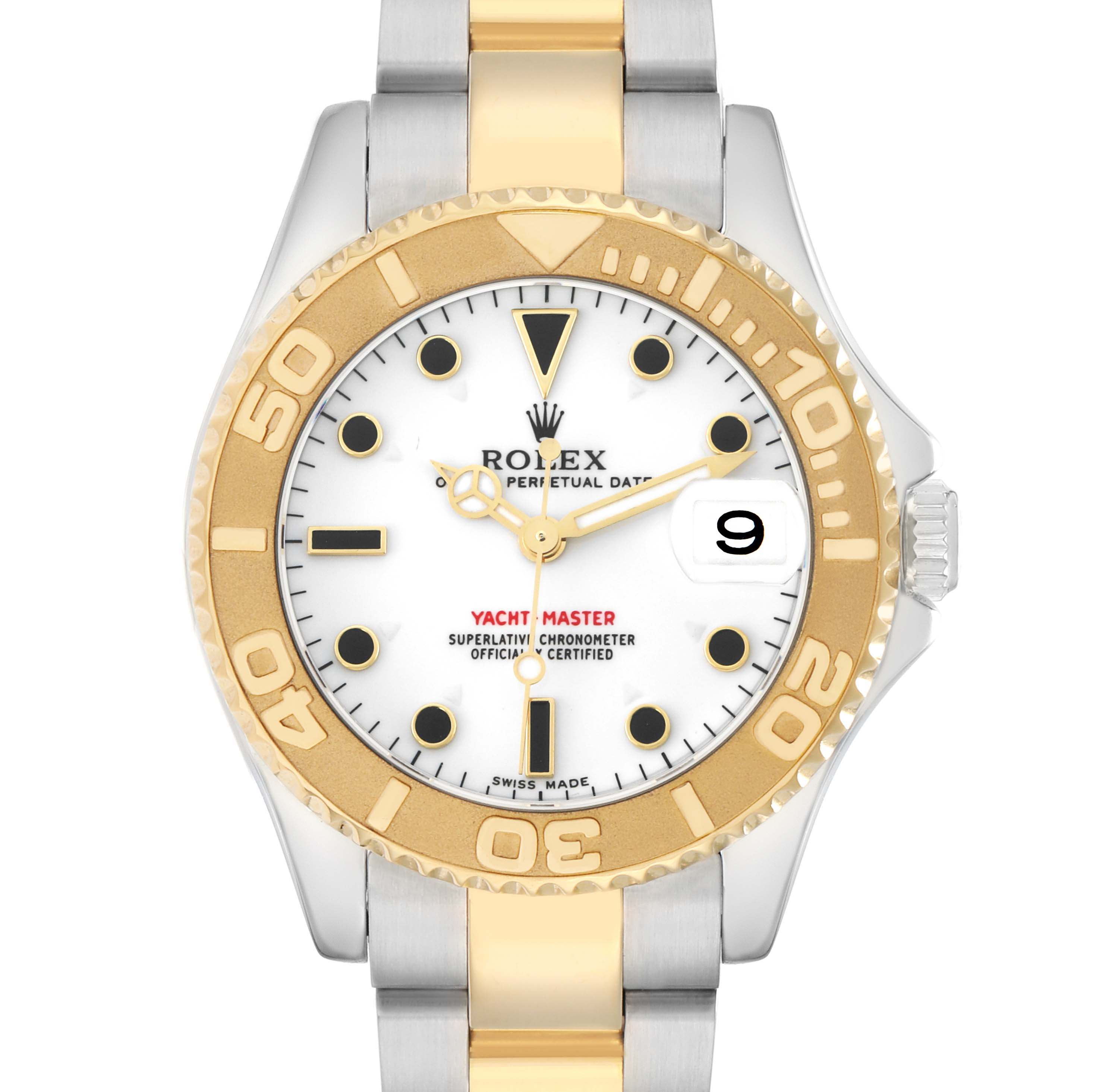 The Rolex Yacht-Master 168623 Men
s Steel and Gold (two tone) White Dial watch is shown from a front view, featuring the bezel, dial, hands, bracelet, and crown.