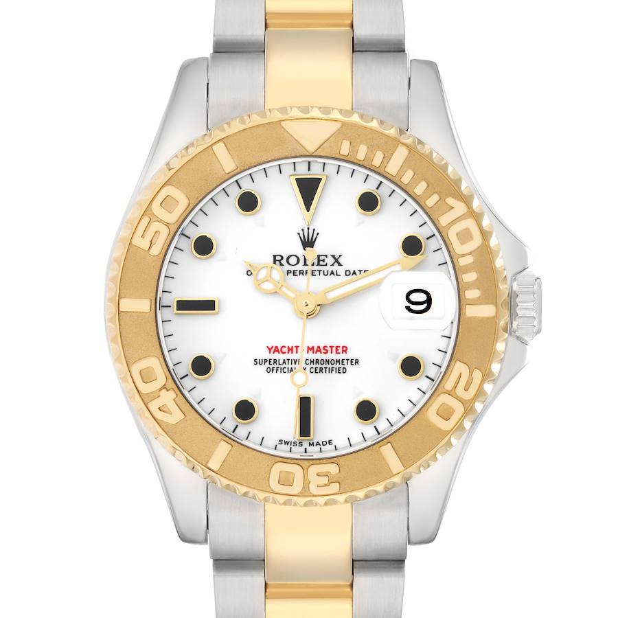 The Rolex Yacht-Master 168623 Men's Steel and Gold (two tone) White Dial watch is shown from a front view, featuring the bezel, dial, hands, bracelet, and crown.