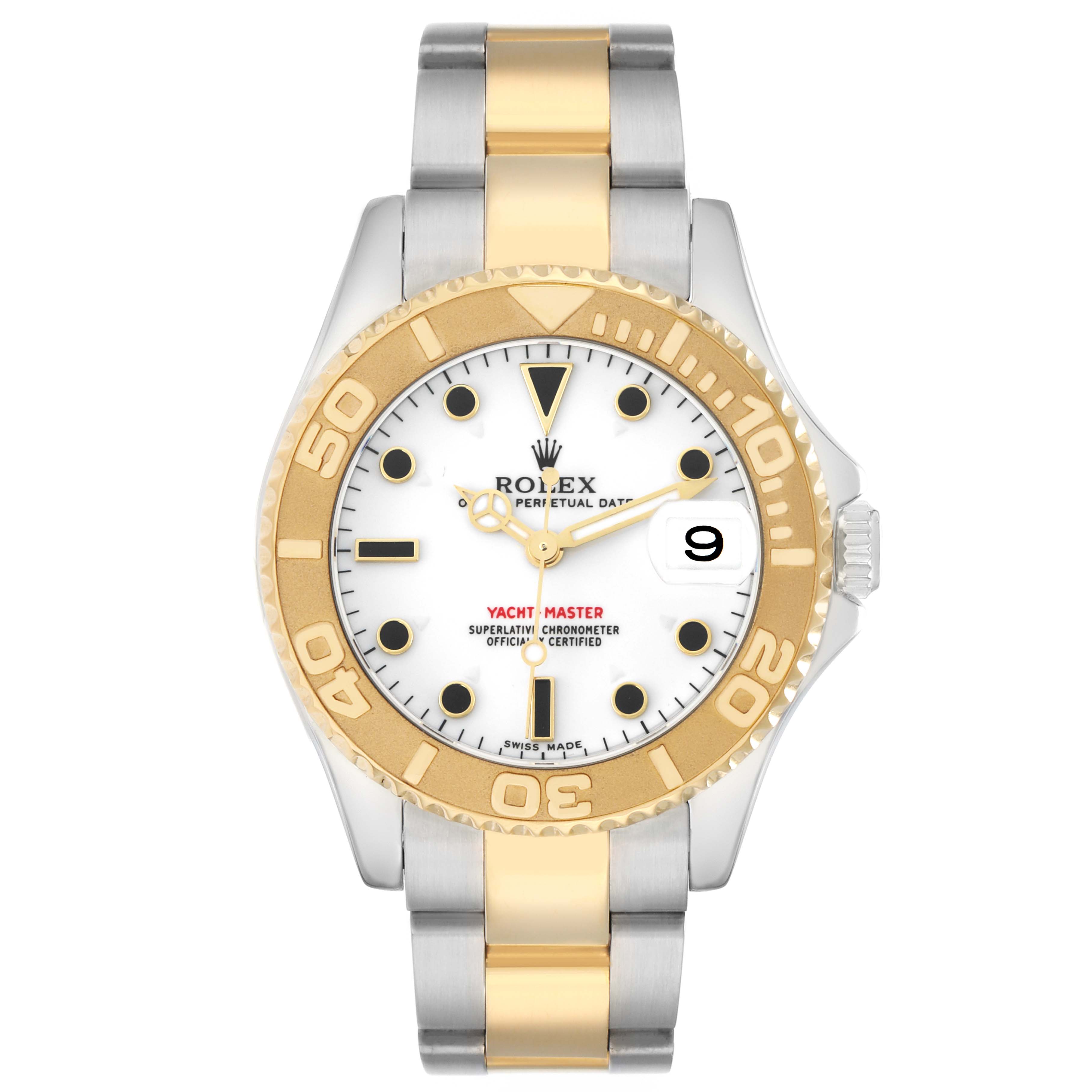 The Rolex Yacht-Master 168623 Men
s Steel and Gold (two tone) White Dial watch is shown from the front, revealing its dial, bezel, and bracelet.
