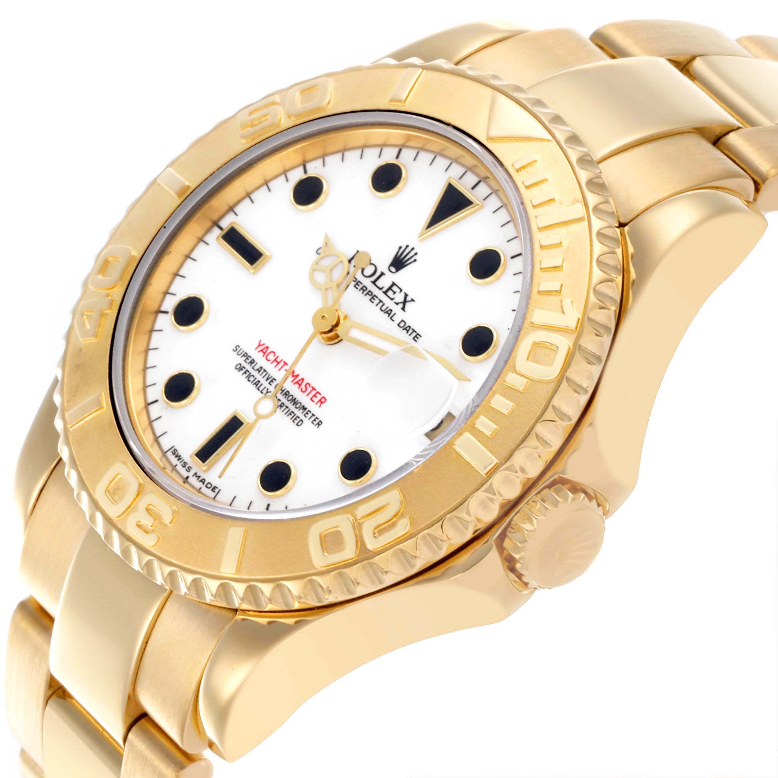 The Rolex Yacht-Master 68628 Men's Yellow Gold White Dial 68628 Men's Yellow Gold White Dial watch is shown from an angled view, displaying the face, bezel, case, and part of the bracelet.