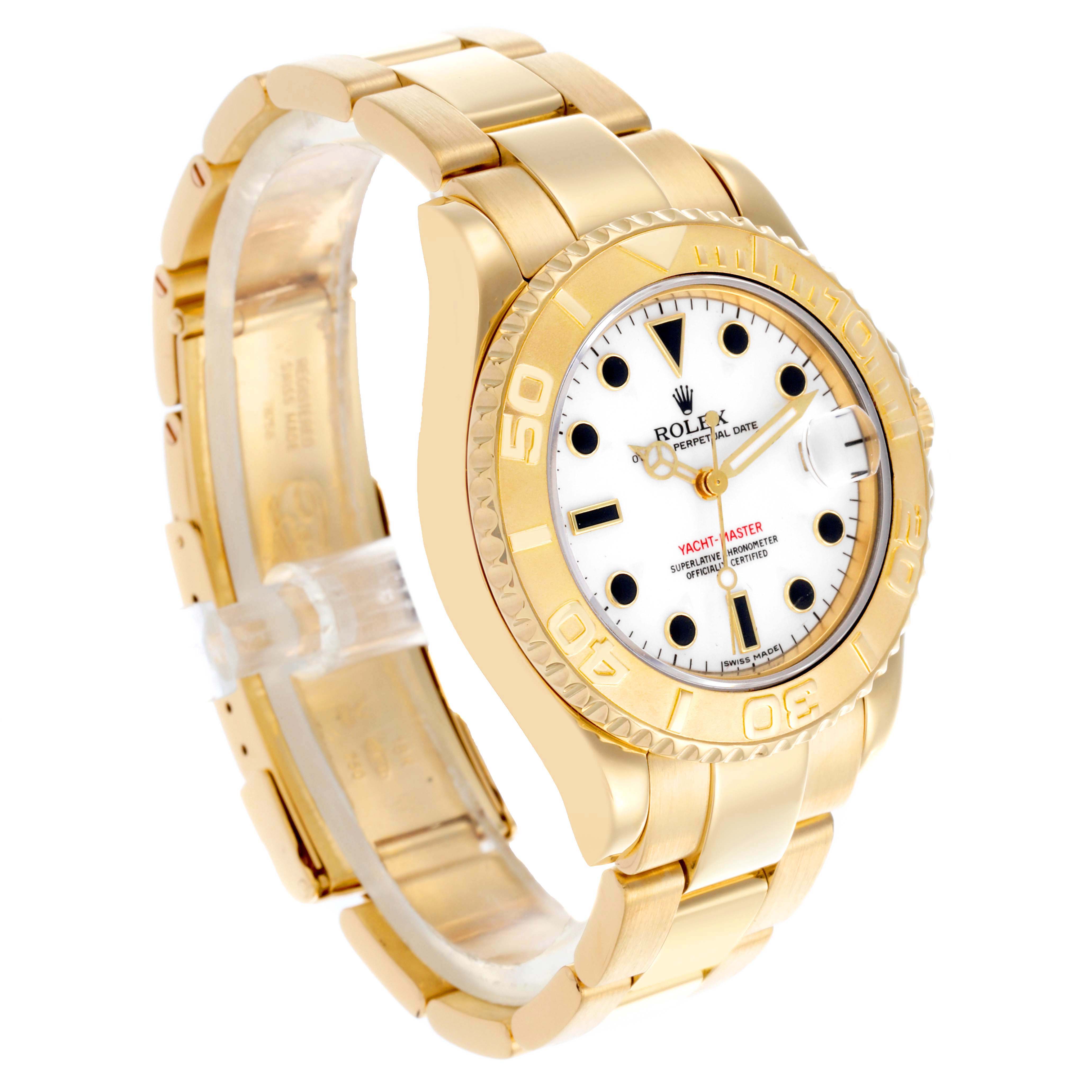 The Rolex Yacht-Master 68628 Men's Yellow Gold White Dial 68628 Men's Yellow Gold White Dial watch is shown at a three-quarter angle, highlighting the gold case, bezel, and bracelet.