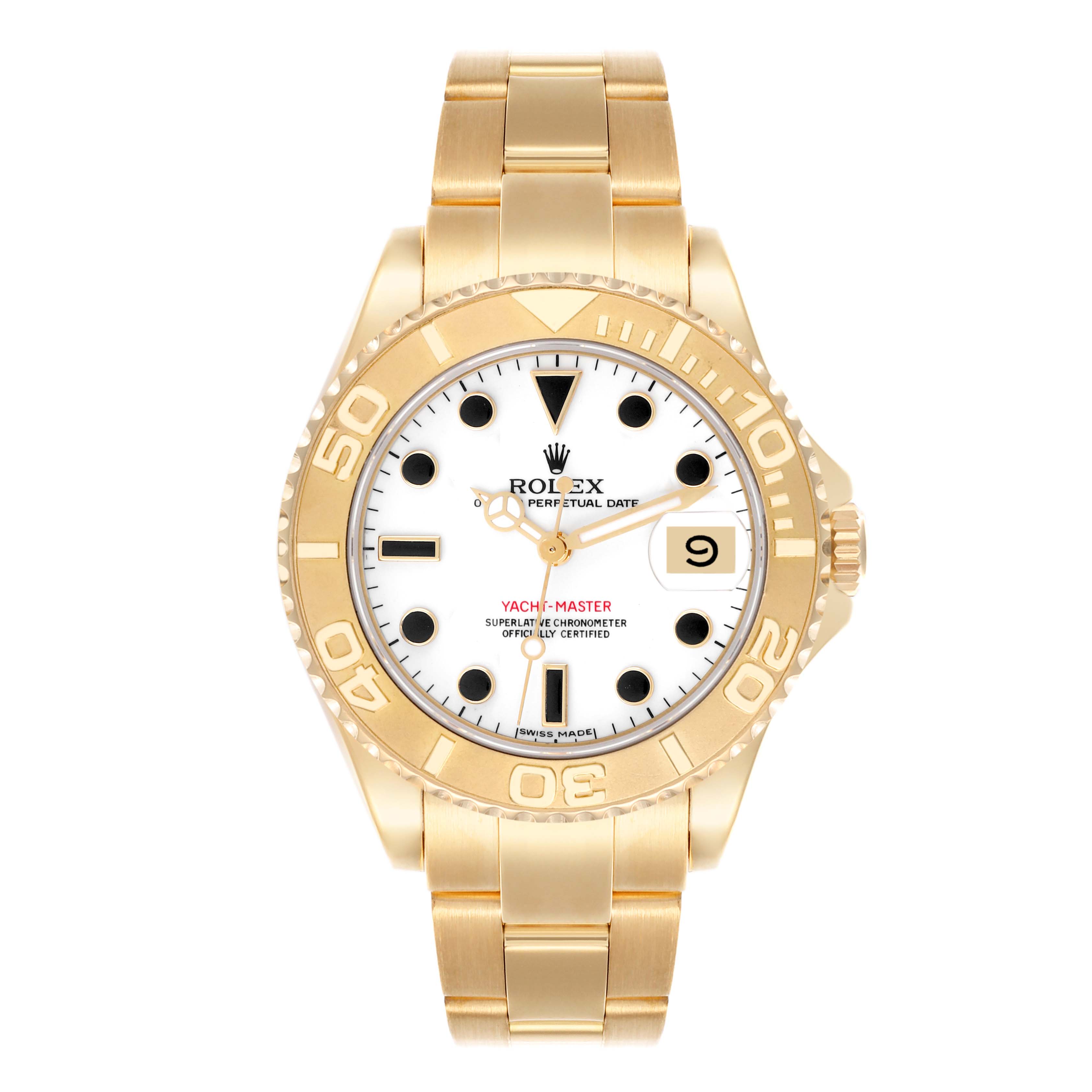 The Rolex Yacht-Master 68628 Men's Yellow Gold White Dial 68628 Men's Yellow Gold White Dial watch is shown from a front angle, displaying the dial, bezel, and bracelet.