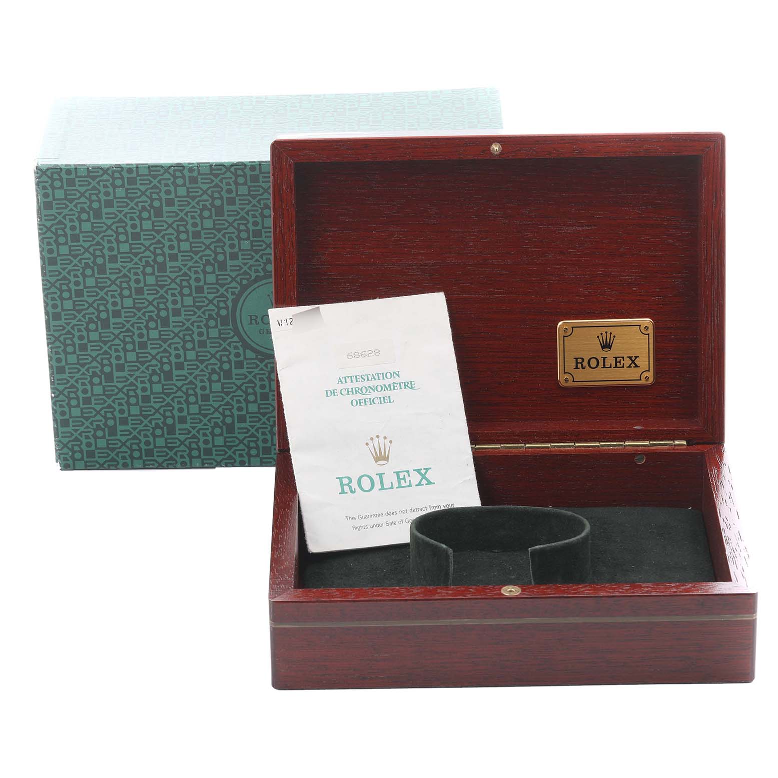 The image shows a Rolex Yacht-Master 68628 Men's Yellow Gold White Dial 68628 Men's Yellow Gold White Dial watch box and certification at eye level.