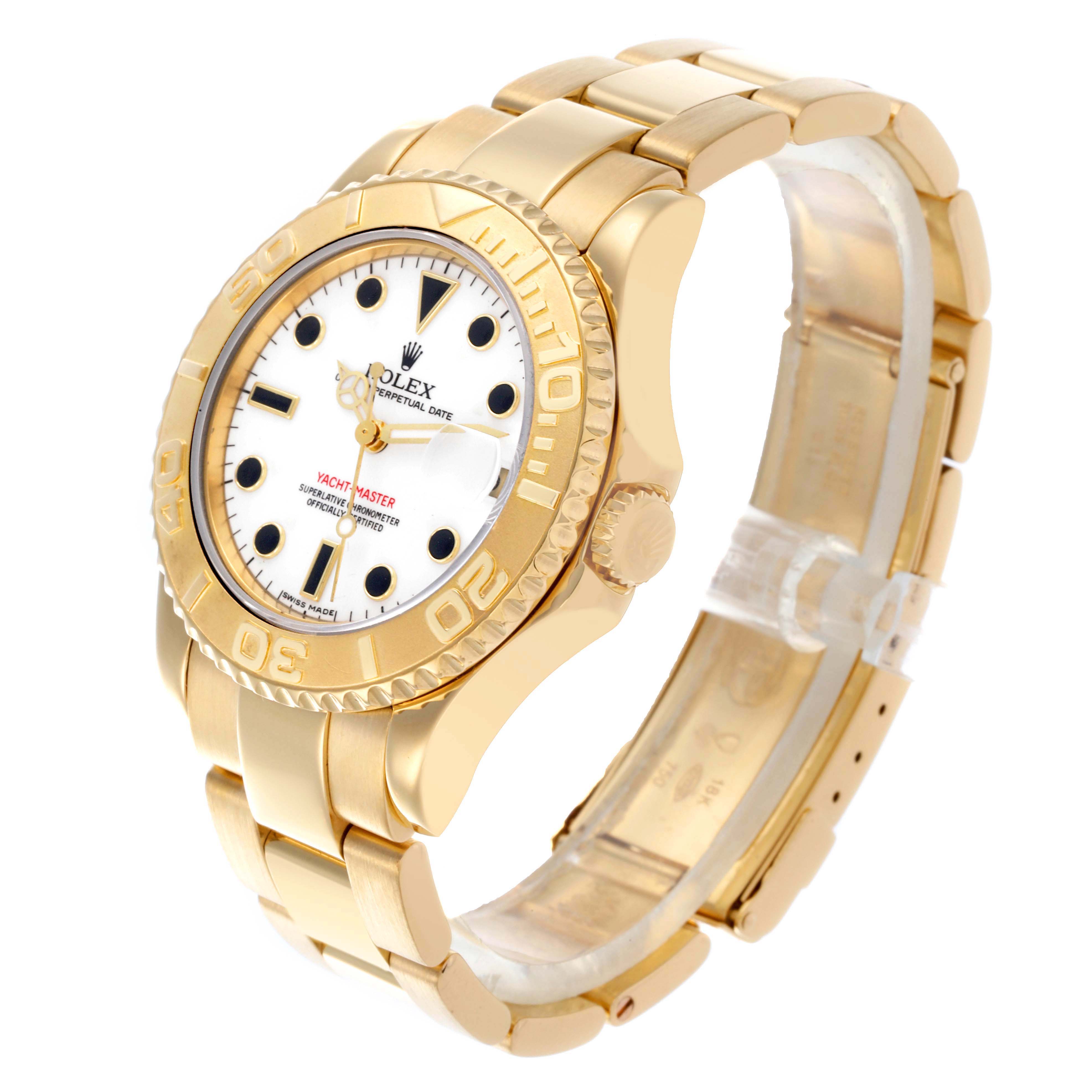 The Rolex Yacht-Master 68628 Men's Yellow Gold White Dial 68628 Men's Yellow Gold White Dial watch is shown at a 3/4 angle, highlighting the face, bezel, and bracelet.