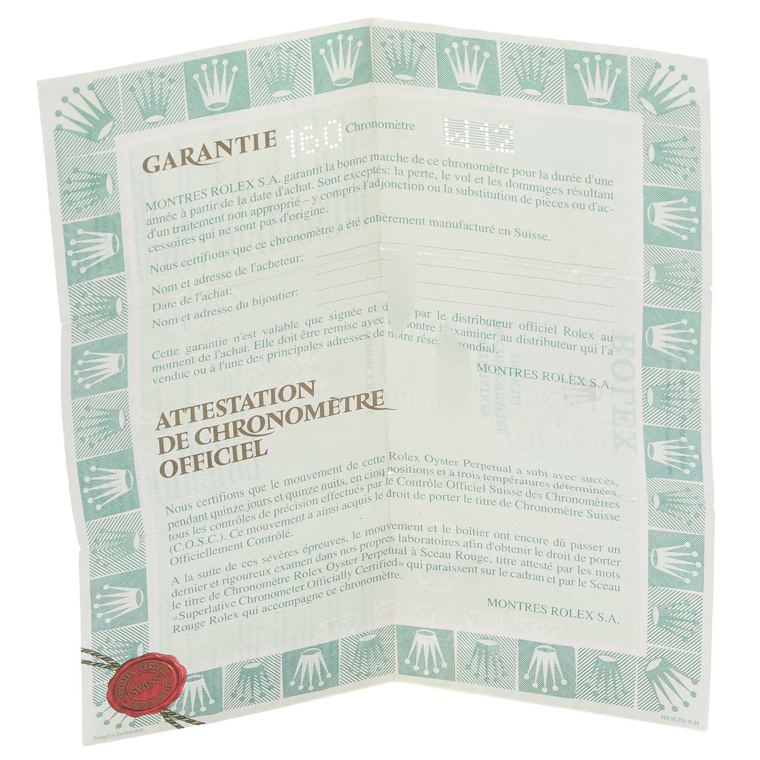 The image shows a certificate or warranty document for the Rolex Yacht-Master 68628 Men's Yellow Gold White Dial 68628 Men's Yellow Gold White Dial.