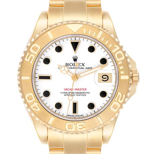 The Rolex Yacht-Master watch is shown from the front, displaying the dial, bezel, and part of the bracelet.