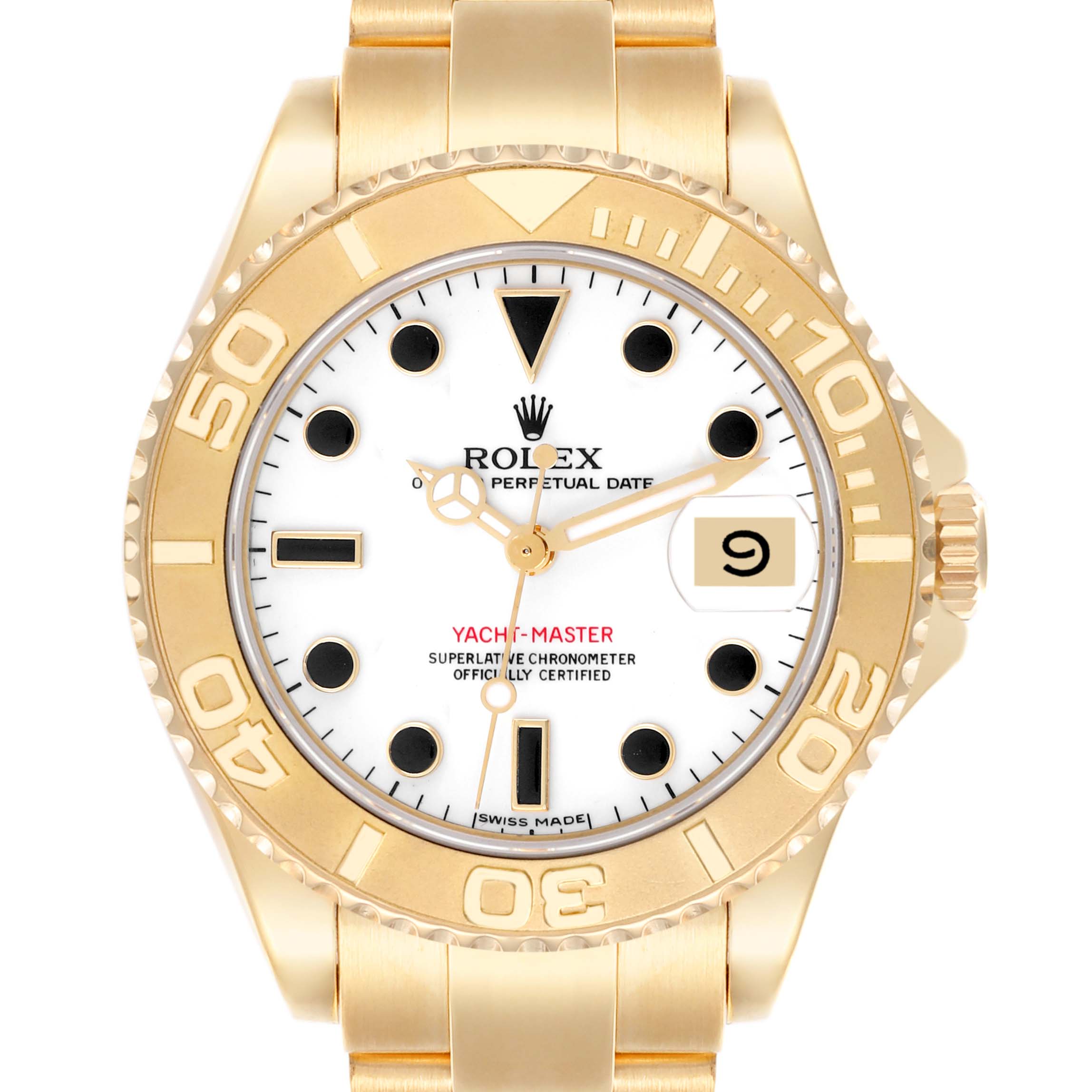 The Yacht-Master by Rolex is shown from the front, displaying the dial, bezel, and bracelet.