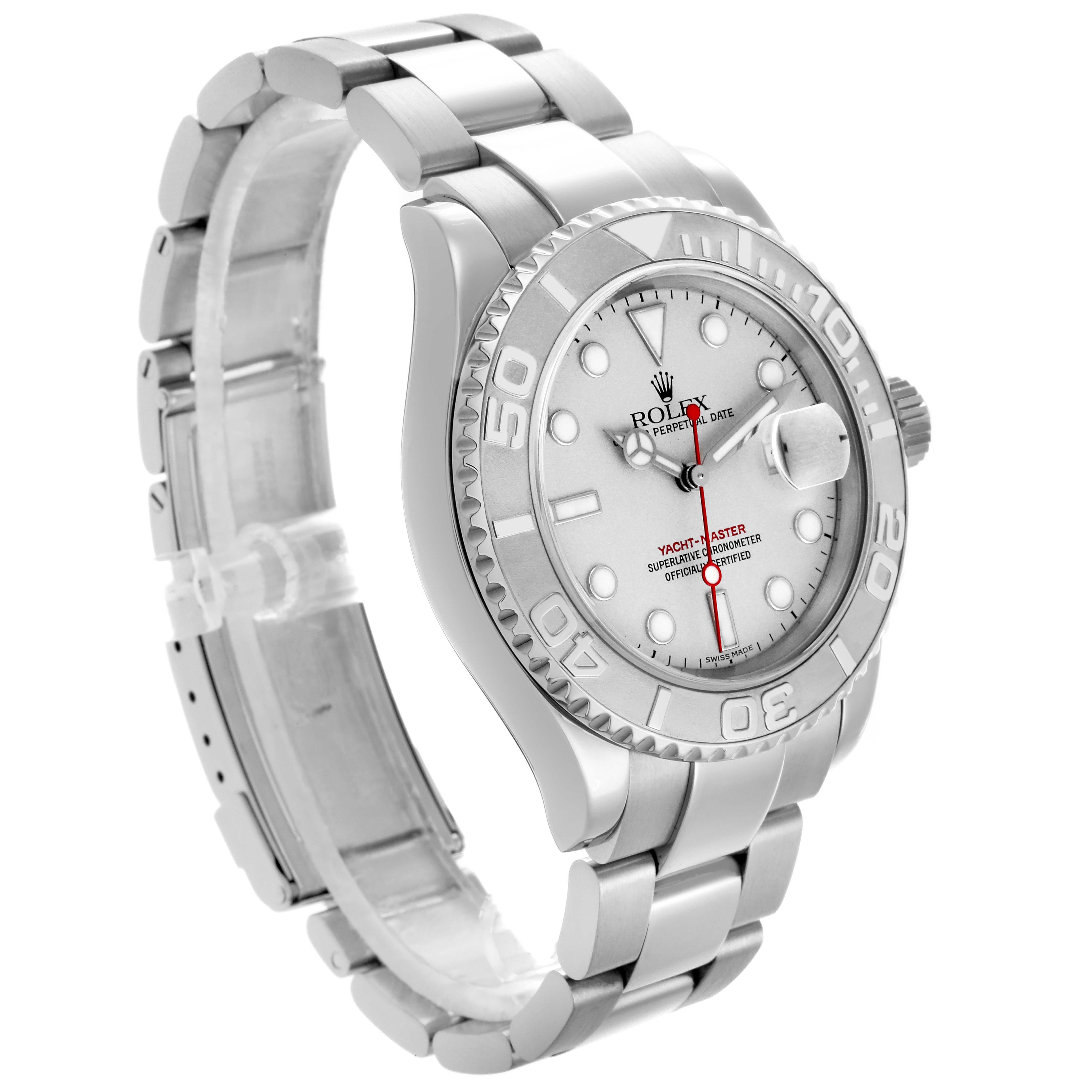 The Rolex Yacht-Master Men's Stainless Steel Silver Dial Men's Stainless Steel Silver Dial watch is shown from a side angle, highlighting the bezel, dial, and bracelet.