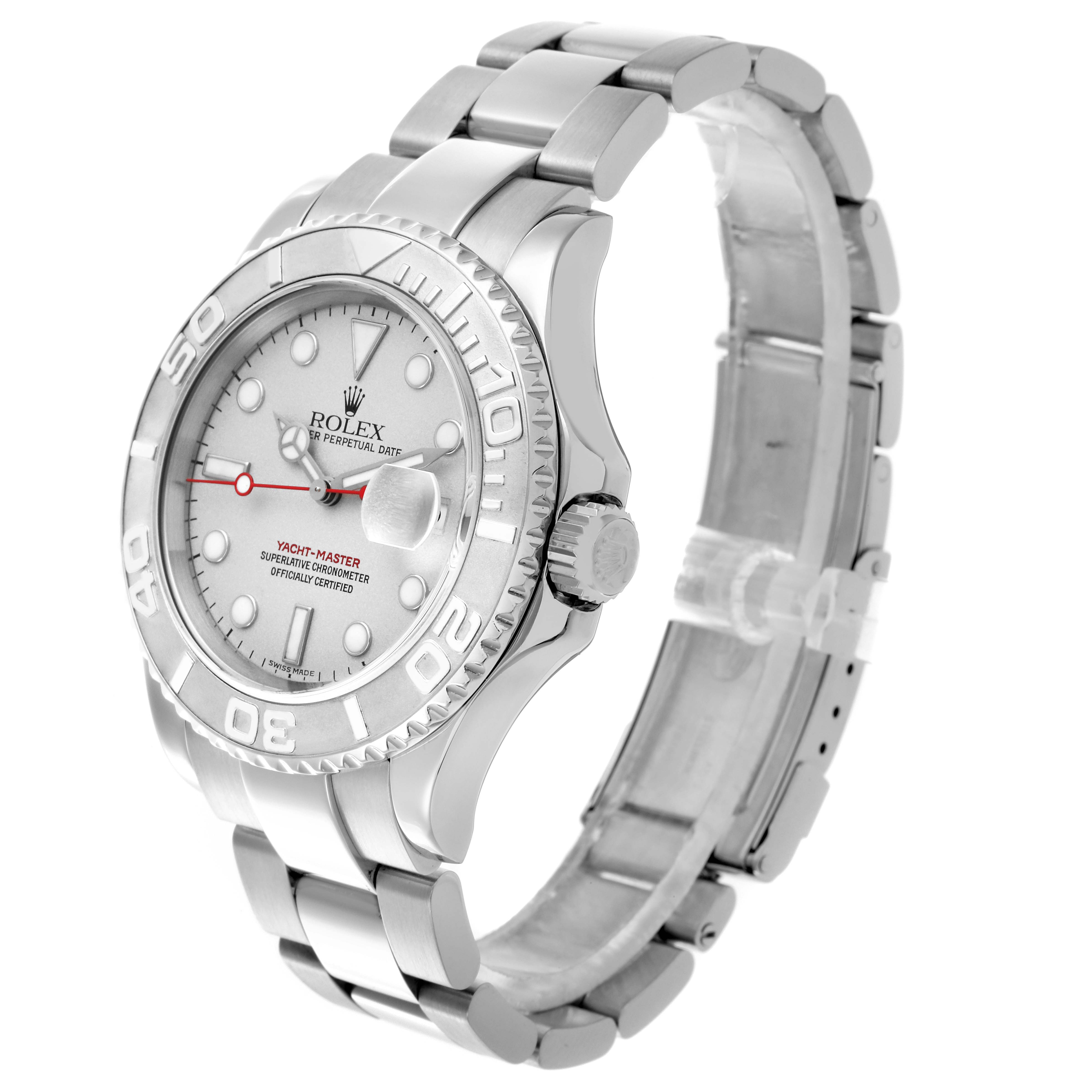 The Rolex Yacht-Master Men's Stainless Steel Silver Dial Men's Stainless Steel Silver Dial watch is shown at a three-quarter angle, displaying the bracelet, case, bezel, and dial.