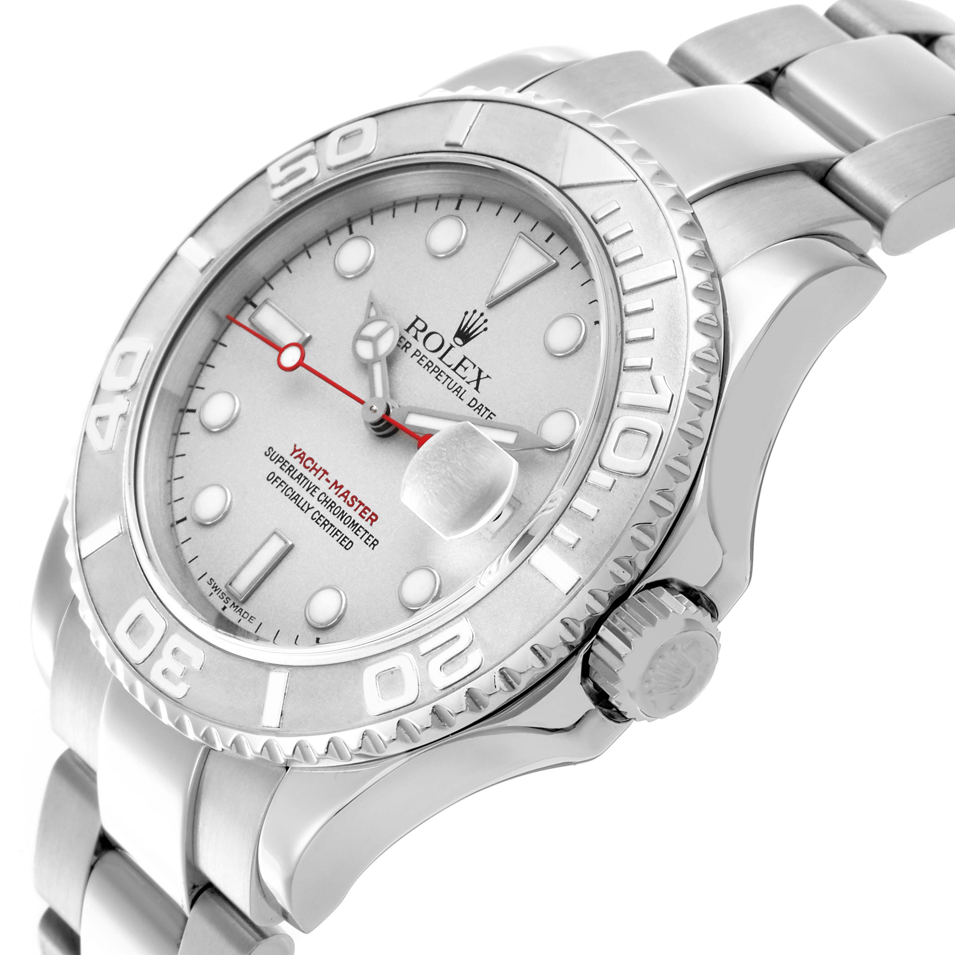 The Rolex Yacht-Master Men's Stainless Steel Silver Dial Men's Stainless Steel Silver Dial watch is shown from an angled side view, highlighting the dial, bezel, crown, and bracelet.