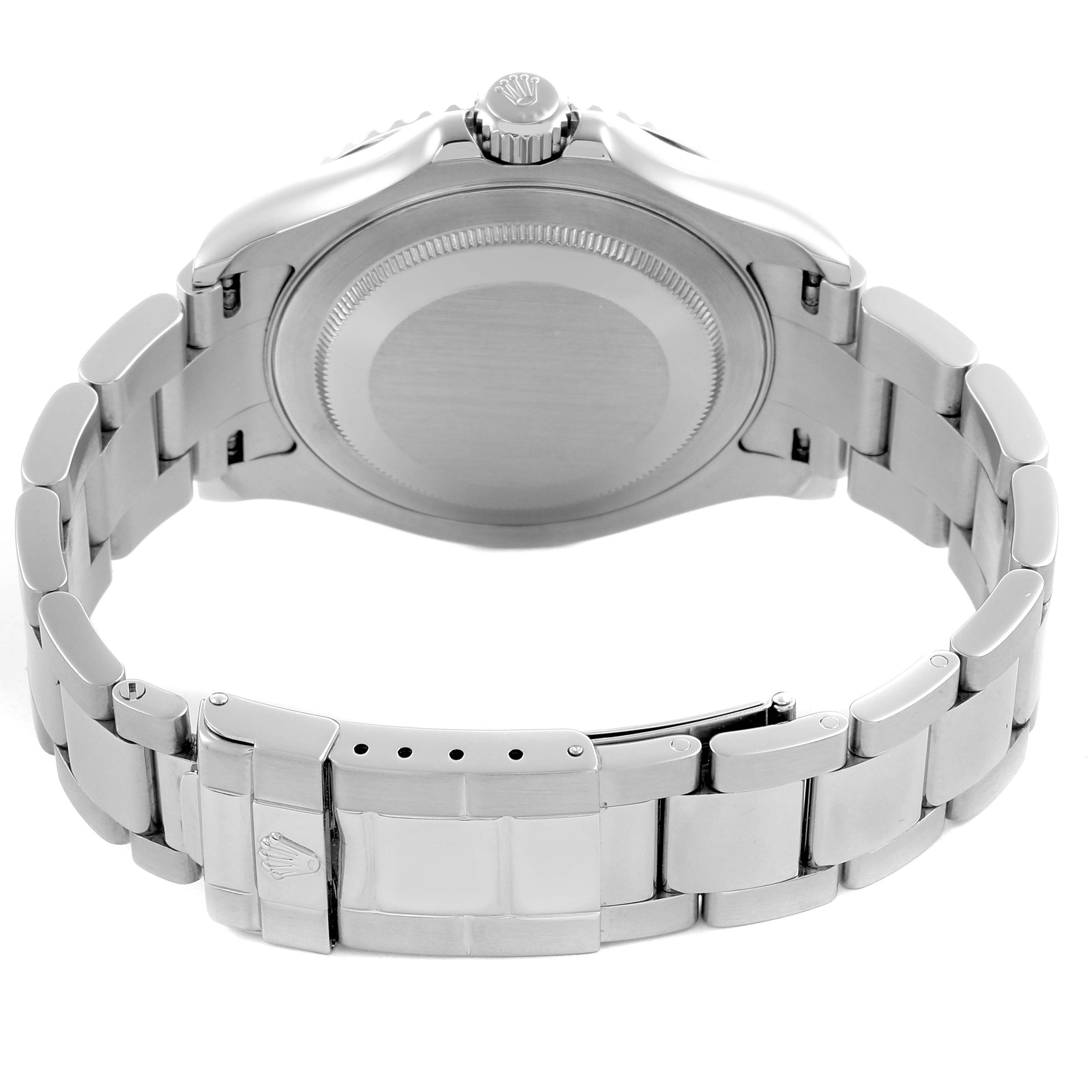 The image shows the back of the Rolex Yacht-Master Men's Stainless Steel Silver Dial Men's Stainless Steel Silver Dial watch, highlighting the clasp and bracelet details.