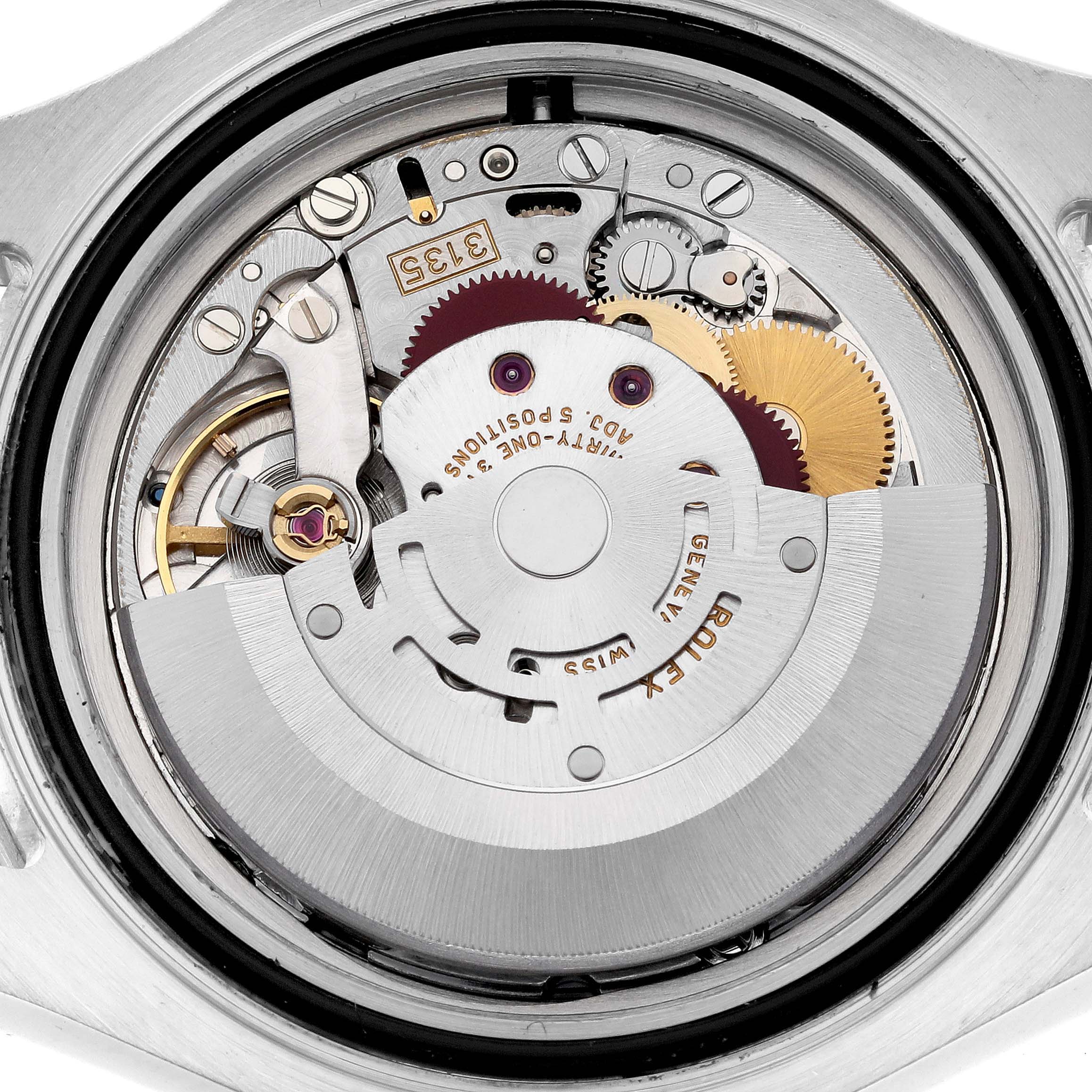 The image shows the intricate movement mechanism of a Rolex Yacht-Master Men's Stainless Steel Silver Dial Men's Stainless Steel Silver Dial watch from the back.